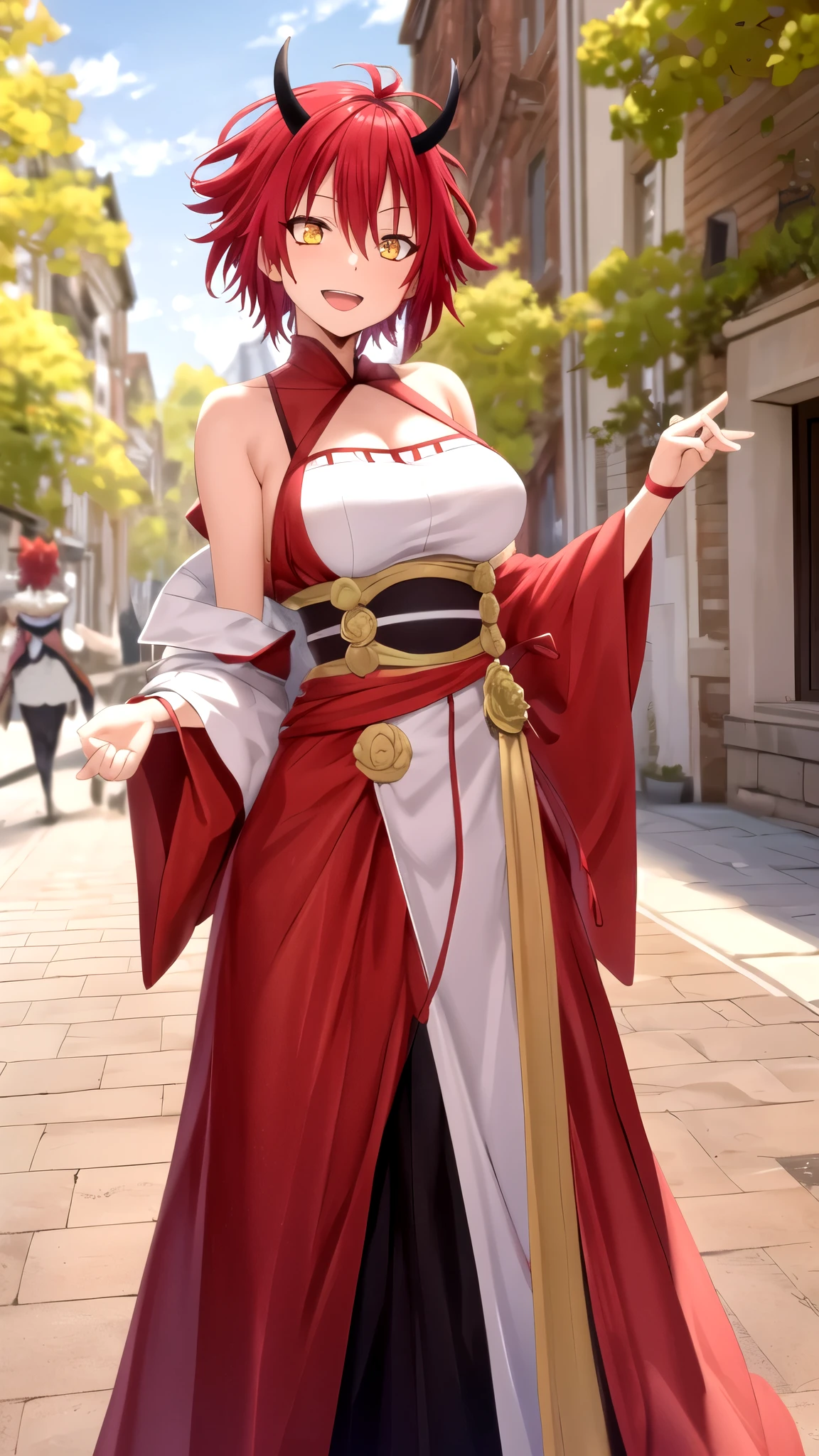 masterpiece, best quality, girl, solo, looking at viewer, benimaru_tensei_shitara, red hair, yellow eyes, large breasts, Date A Live cosplay, princess Dress, standing, smile, open mouth, outdoors 