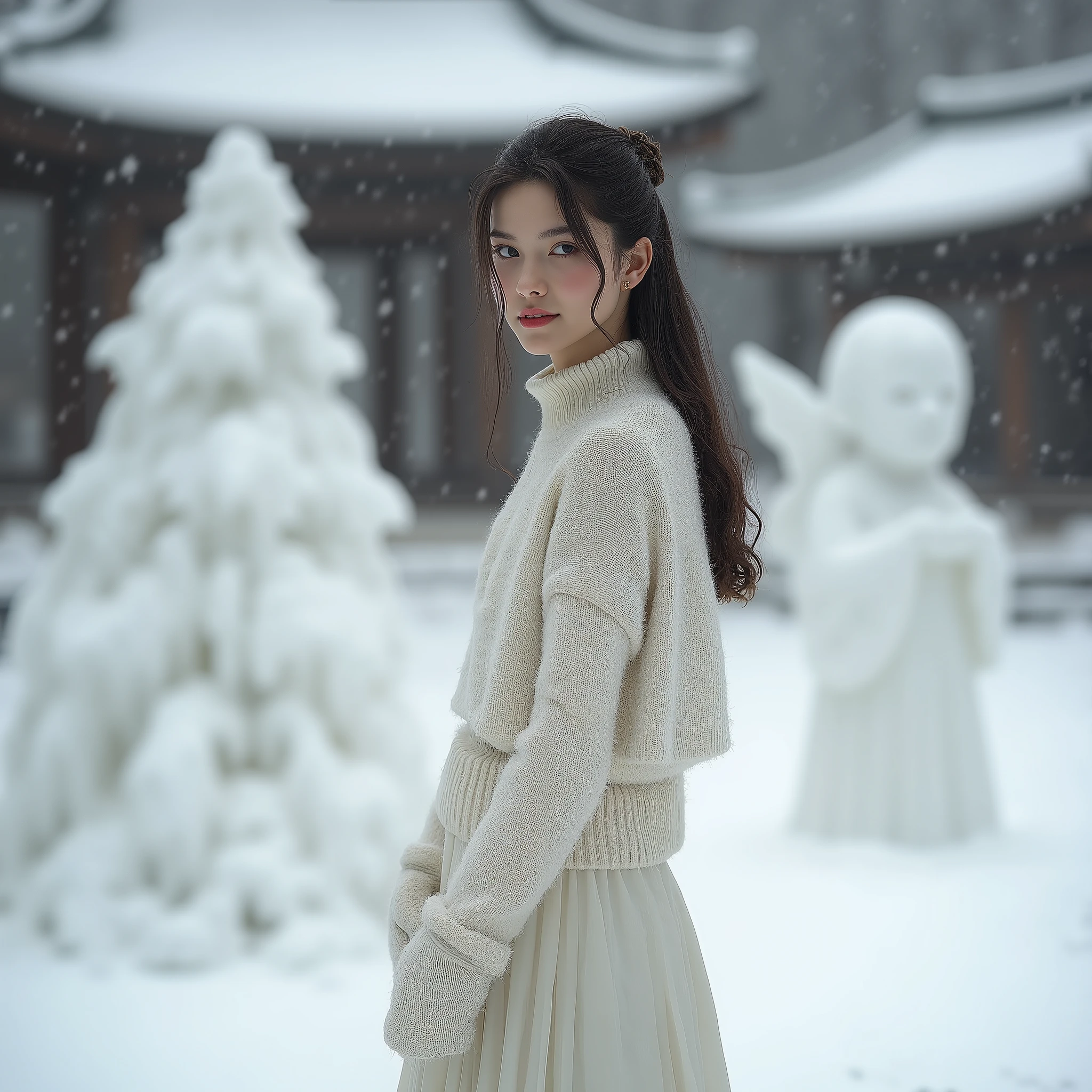 winter, young woman, white sweater and skirt, Garden with Snow Piling Up , Delicate Snow Sculpture , Angel Statue , Snow Petal Pattern , Japanese Style Architecture on Background , Elegant and Quiet Atmosphere