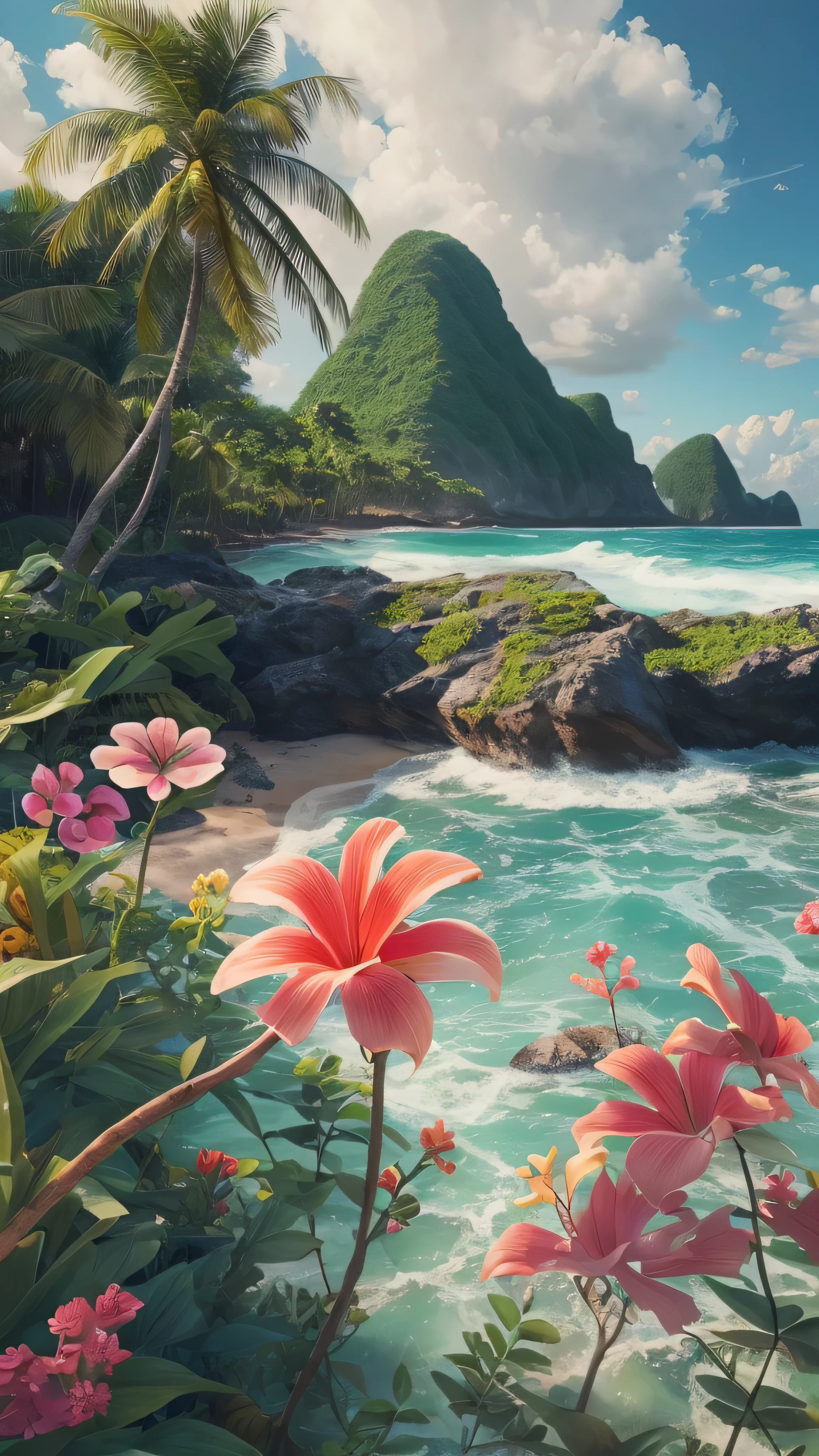 ( Photos Realistic 8k RAW Photos ), Amazing Breathtaking Colourful Tropical Island Scenery, ( not human), high resolution, realism, (Masterpiece), ( best quality ), Curvy Coast , very detailed, Beautiful flowers々, high resolution, sharp, Perfect Focus , Beautiful ocean and horizon。
