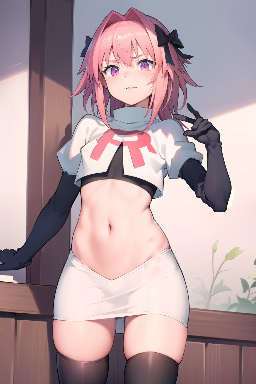 absurdres, masterpiece, best quality, (astolfo fate:1.2155), 1boy, male focus, trap, pink multicolored hair, pink hair, white hair, hair intakes, long hair, pink detailed eyes, crossdressing,1boy, team rocket,team rocket uniform, red letter R, white skirt,white crop top,black thigh-highs,black elbow gloves