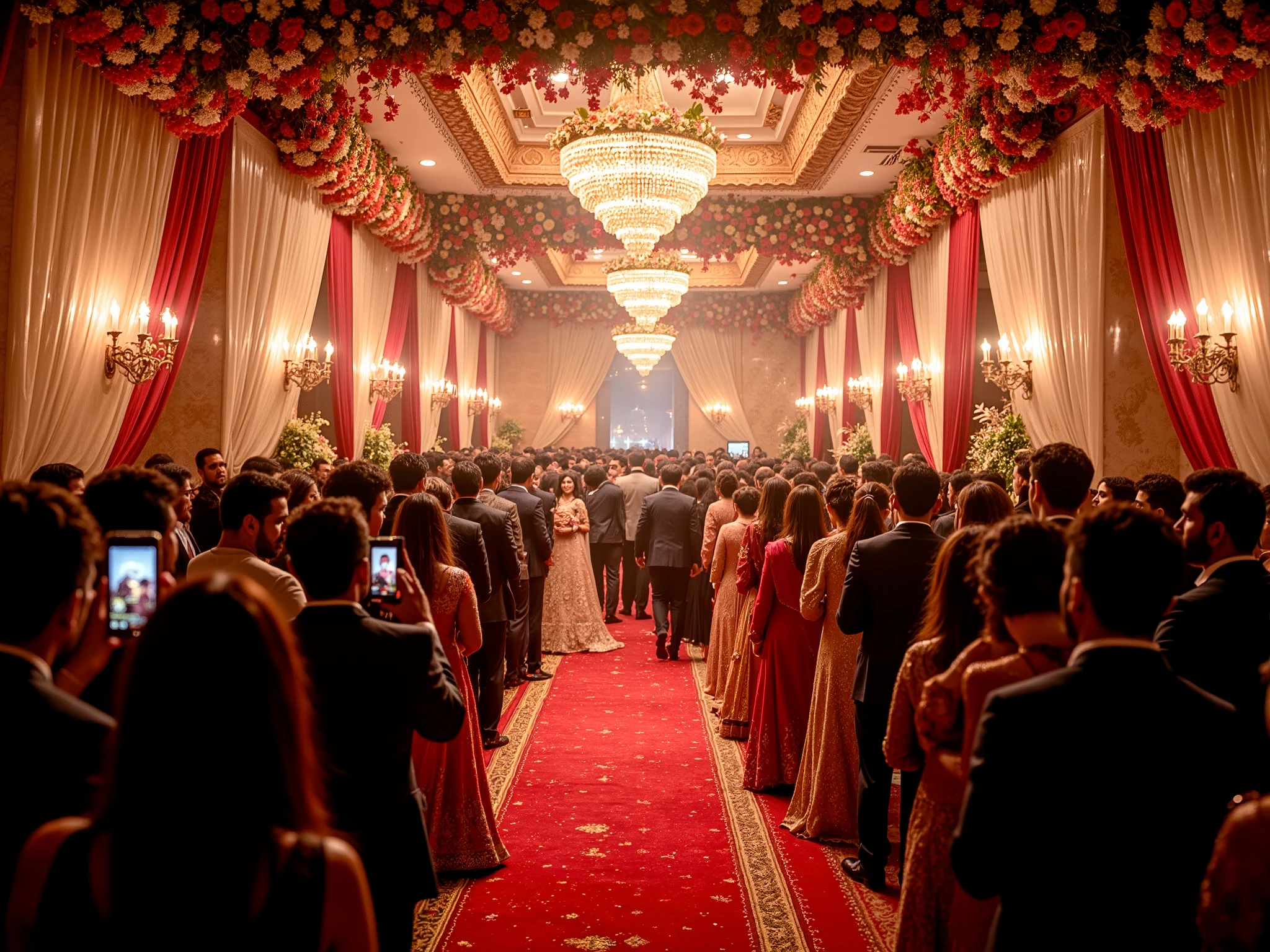 High-resolution, photorealistic night scene of a grand Pakistani wedding entrance hall. The hall is adorned with lush, vibrant floral arrangements, draped fabrics, and a dramatic red carpet. A sea of guests, resplendent in traditional attire (sherwanis, lehengas, suits), gaze directly at the camera with hyper-realistic, intense expressions, while some guests are seen taking pictures with their phones and cameras. HDR lighting illuminates the scene, enhancing the rich colors and intricate textures of the elaborate decor. The resulting image captures the opulence, energy, and immersive atmosphere of a Pakistani wedding celebration.