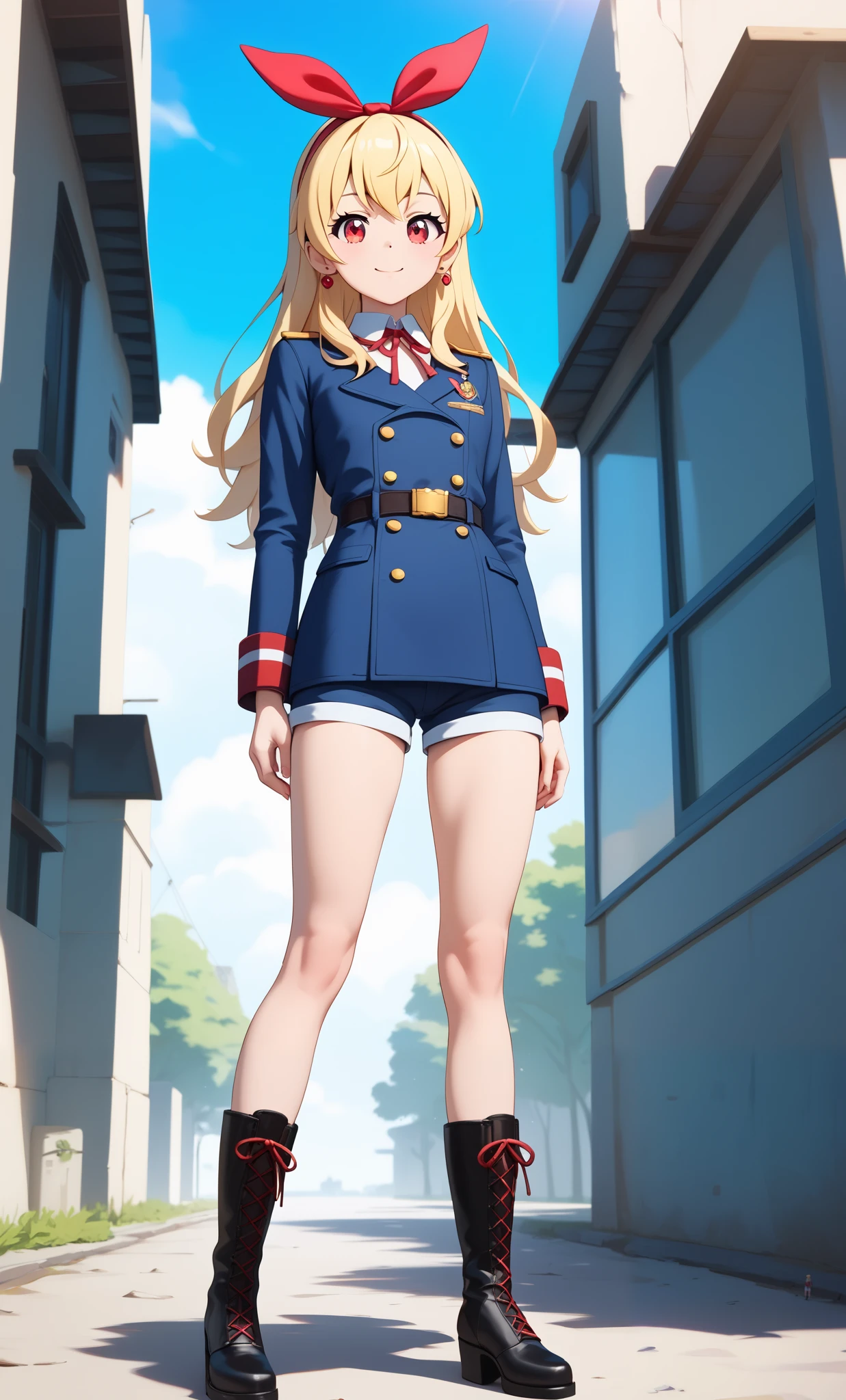 (masterpiece, best quality, highly detailed, ultra detailed, high resolution, absurdres, 4K, 8K:1.2), A girl standing in military uniform. One girl, Ichigo Hoshimiya, blonde hair, red eyes, (red ribbon on hairband: 1.2), military uniform, shorts, absolute territory, thighs, black boots, showing thighs,se_up