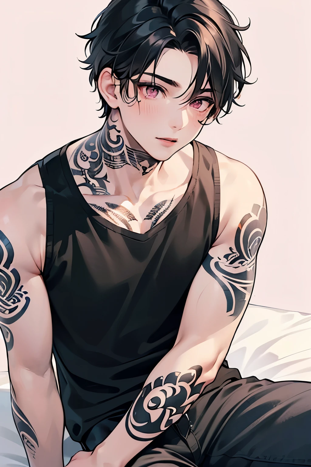  ((1-boy :1.5)),((An adult man with strong muscles:1.0)), black hair,  for men,  medium hair with visible tattoos , pink eyes,Beautiful Boy, skinny,lips,Checkered background,close up Face,((on bedding:0.8)),((tattoo on thigh:1.2)),pants
