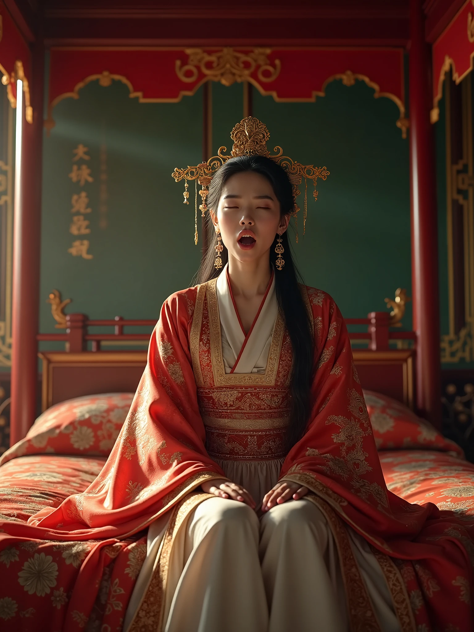 score_9, score_8_up, score_7_up, source_photo, photography, realistic, rating safe, from side, cinematic lighting, ultra detailed, absurdity, 1girl, Qin Shi Huang, sitting on Chinese Throne, Chinese Palace, hands on knees, long hair, black hair, masterpiece, 8K,