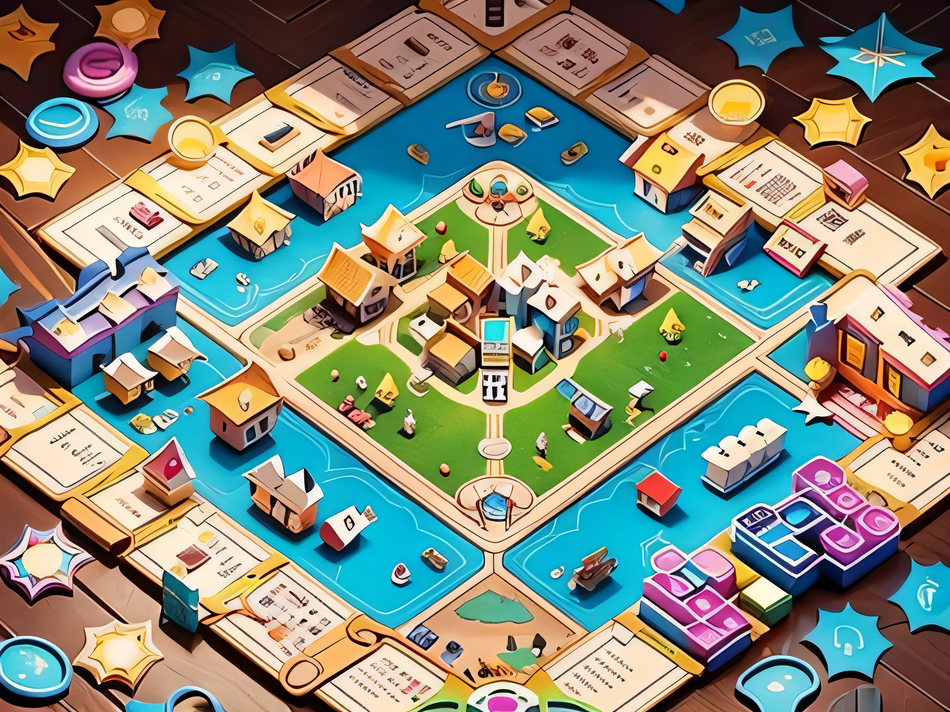 create a magical board game map with 8 houses on it connected with a circling road. Design houses differently. Make a map colorful. Show from above.