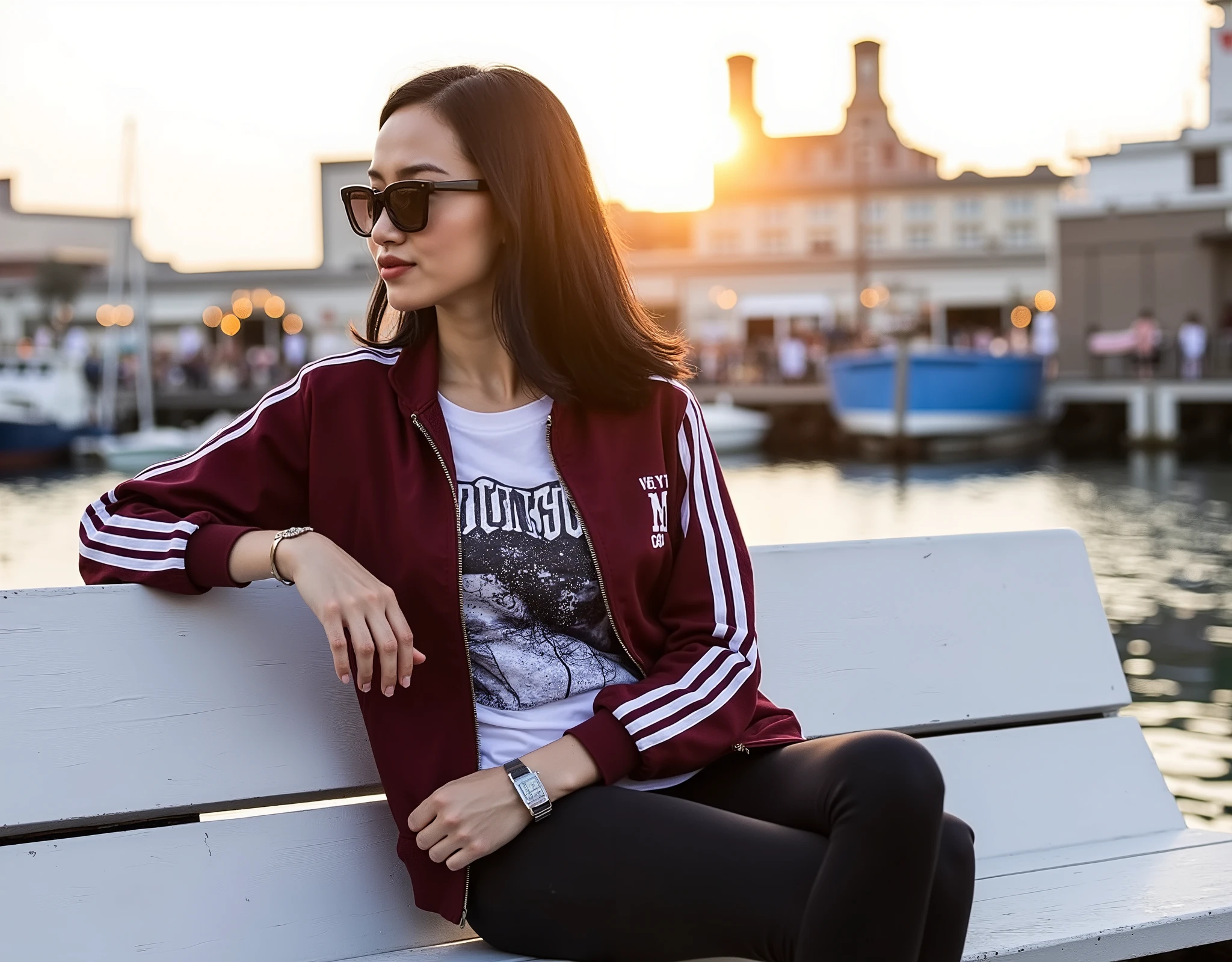 Professional photography of a stylish model with straight, medium-length black hair, wearing a sporty yet casual outfit. She is dressed in a burgundy sports jacket with white stripe details on the sleeves, layered over a printed white t-shirt. Her look is completed with sleek black leggings, large, modern sunglasses, and a subtle wristwatch, adding both elegance and practicality. The overall ensemble exudes comfort and sophistication, perfect for a laid-back yet fashionable vibe. The model is seated sideways on a white wooden bench, her body slightly turned to the left. Her right arm rests casually on the backrest, while her left hand lightly touches her hair, creating a relaxed and natural pose. Her face is tilted toward the camera, displaying a calm, confident expression, enhanced by her bold sunglasses. The background showcases a serene harbor scene during sunset, featuring docked boats, a large ship, and buildings in the distance. The reflective water surface adds depth and tranquility to the composition, while the warm tones of the sunset create a captivating contrast with the cool blues of the sky and water. The lighting captures the golden hour glow, bathing the model and surroundings in a warm, soft radiance. The natural light emphasizes the burgundy tones of her jacket and highlights her features without harsh shadows. The combination of warm sunlight and vibrant colors creates an inviting and picturesque atmosphere, balancing sophistication with a touch of outdoor serenity.