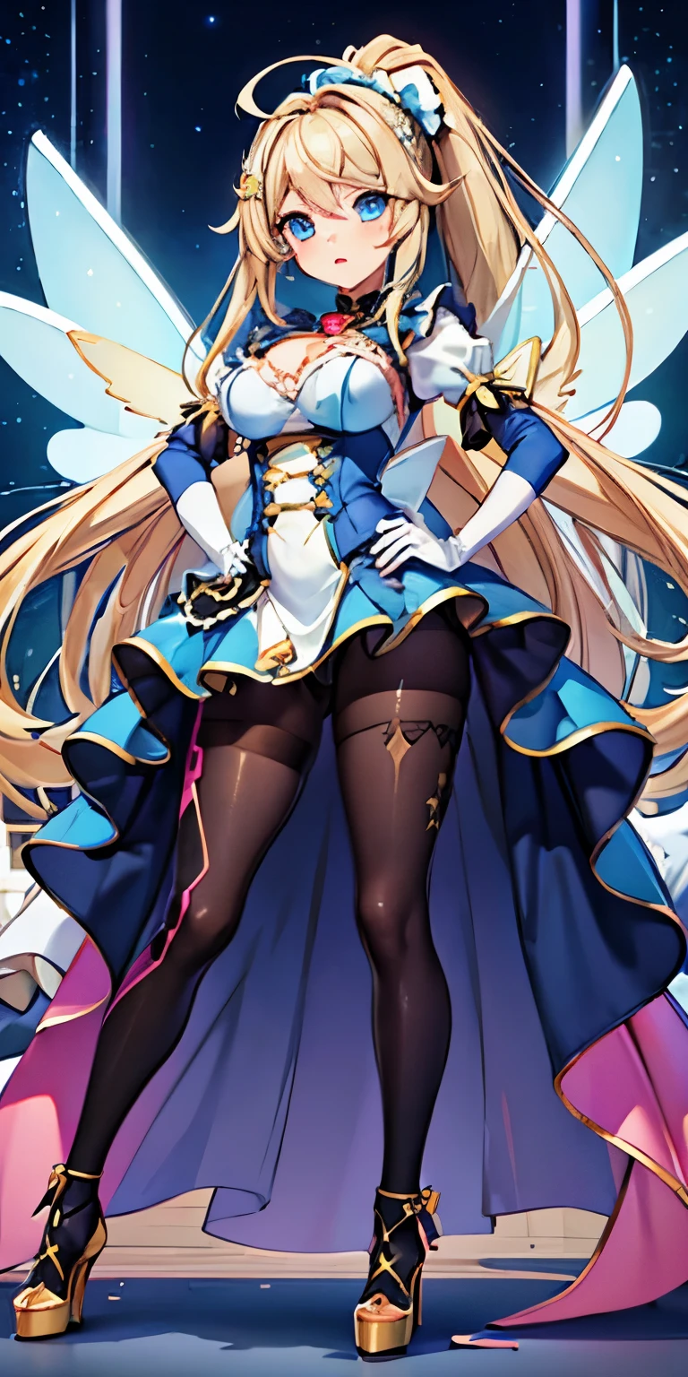 Minerva
<lora:MinervaV1:0.8>
1girl, blonde_hair, blue_eyes, boots, breasts, cleavage, detached_sleeves, dress, earrings, full_body, hair_ornament, hand_on_hip, jewelry, long_hair, medium_breasts, open_mouth, simple_background, solo, standing, thigh_boots, thighhighs, white_background, white_footwear