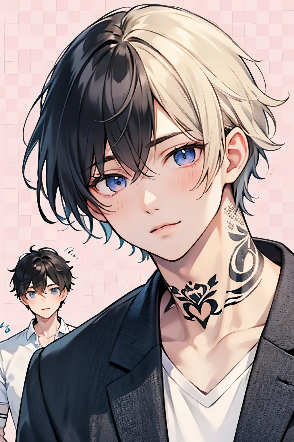 Blonde,  black hair,  for men,  medium hair with visible tattoos ,blue eyes , pink eyes,Beautiful Boy, skinny,  Multiple Boys, 2 boys, , Yaoi, Checkered background,close up Face,