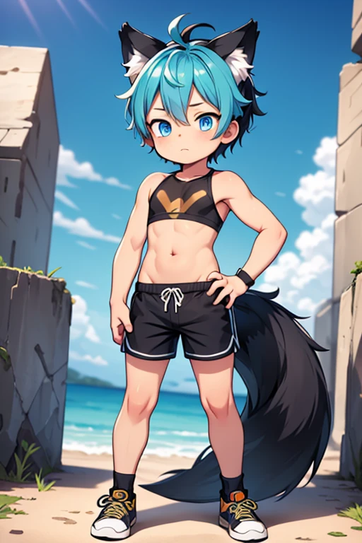 score_9,score_8_up,score_7_up, source_cartoon, source_furry, cat boy, cat tail, dark blue hair, hair over one eye, huge long ponytail, spike side hair, furry, blush, looking at viewer, smile, 1boy, cat ears, furry male, white body fur, ((flower on hair, dark blue strapless fringed bandeau bikini)), beach, clear sky, blue eyes, blush, :3, navel, femboy, cute, furry, solo, smile, looking at viewer, navel, male focus, 1boy, furry boy, full body, feets with three toes, 3 toes, from above, dynamic action shot, speed lines, motion blur, low view, full body, feets with three toes, 3 toes, 