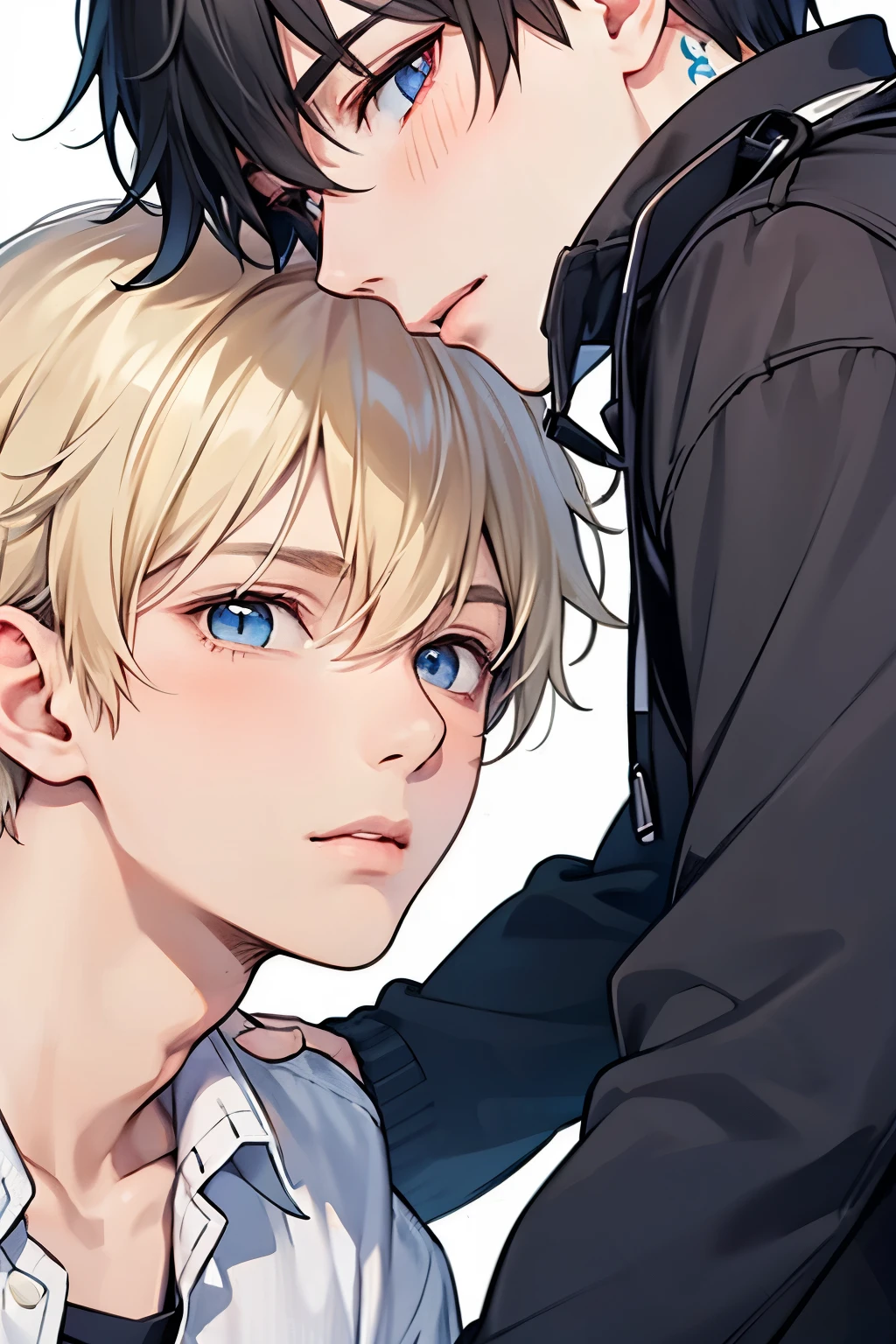 Blonde,  black hair,  for men,  medium hair with visible tattoos ,blue eyes , pink eyes,Beautiful Boy, skinny,  Multiple Boys, 2 boys, , Yaoi, Checkered background,close up Face,