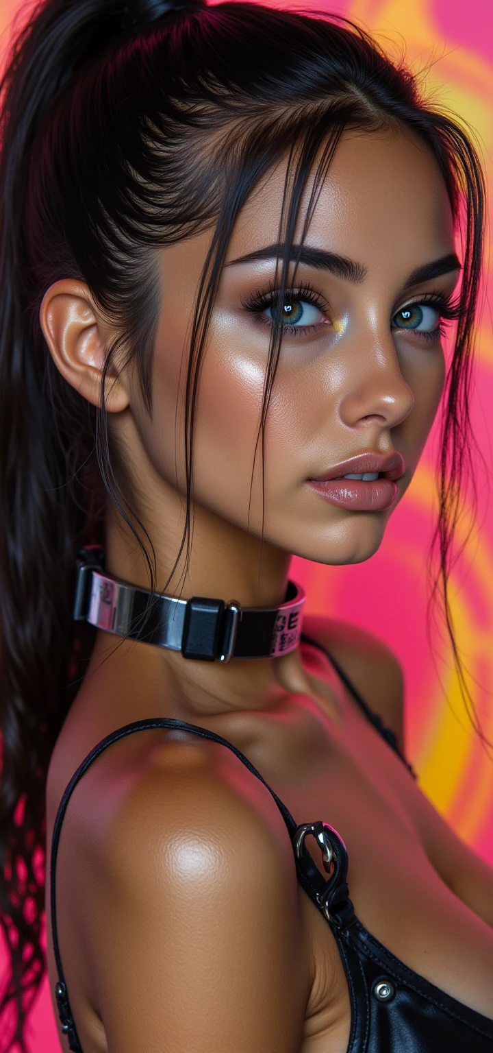 Collage style <lora:Choker-FFashion-Part1-32.LORA:1>, art by Jason Middlebrook, portrait,close up of a flyweight (metal choker:1.2) , she is Playing Hockey, metal choker is Furious, surrounded by Sunglassess, she is dressed in Bedouin choker on neck, at Dusk, Panorama, Tinycore, masterpiece . Mixed media, layered, textural, detailed, artistic