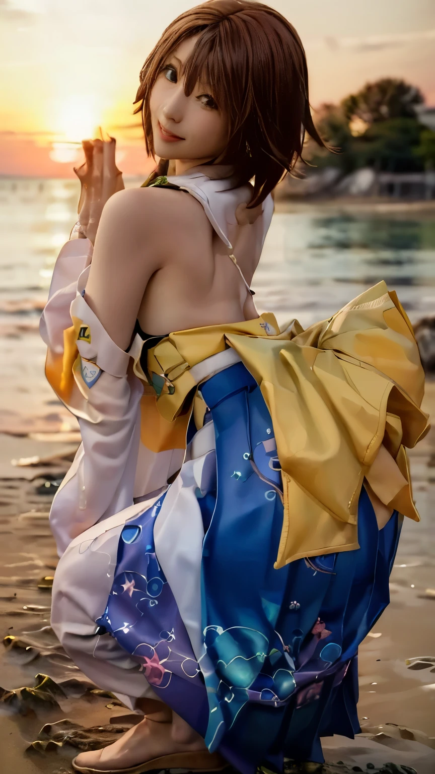 ((( perfect anatomyに基づいた四肢を丁寧に描写する))),((( 8K shot on the clear blue sea and white sand beach at dusk , cute gesture of crouching and tilting her head back with a big smile:1.9))), with well-shaped eyes, nose, and opening,First Person,(((８ embody Yuna from FFX with a nice head ))),Blue Eyes, Short Bob Hair,Faithfully reproduce Yuna's costume ,Place々 hair color with blond mesh ,,realistic skin,( intricate detail in wet water), best lighting, Beautiful background with deep depth of field ,((Ultra High Resolution Solution , 8K)),{{ Very Detailed 8K CG Wallpaper }},{{Extremely accurate and detailed details }},(((8k masterpiece))),最 High Quality , absurd, perfect anatomy,Long-sleeved kimono, in the same way,band,Same as skirt,Pleated hakama , cowboy shot, adorable smile with raised corners of mouth and eyebrows , High Quality ,Masterpiece, super high definition,( photorealistic:1.4),8k RAW photos , 1 girl,ツルツルのサテンのpleated hakama ,(( muscular thighs,Protruding buttocks, perfect proportions with spikes)), Highlight Buttocks ,脚線美にpleated hakama ,Library, Short Bob Hair,Put a jacket in a hakama ,立派なband,glass,(((pleated hakama ))), low angle 8K shot from the side ,