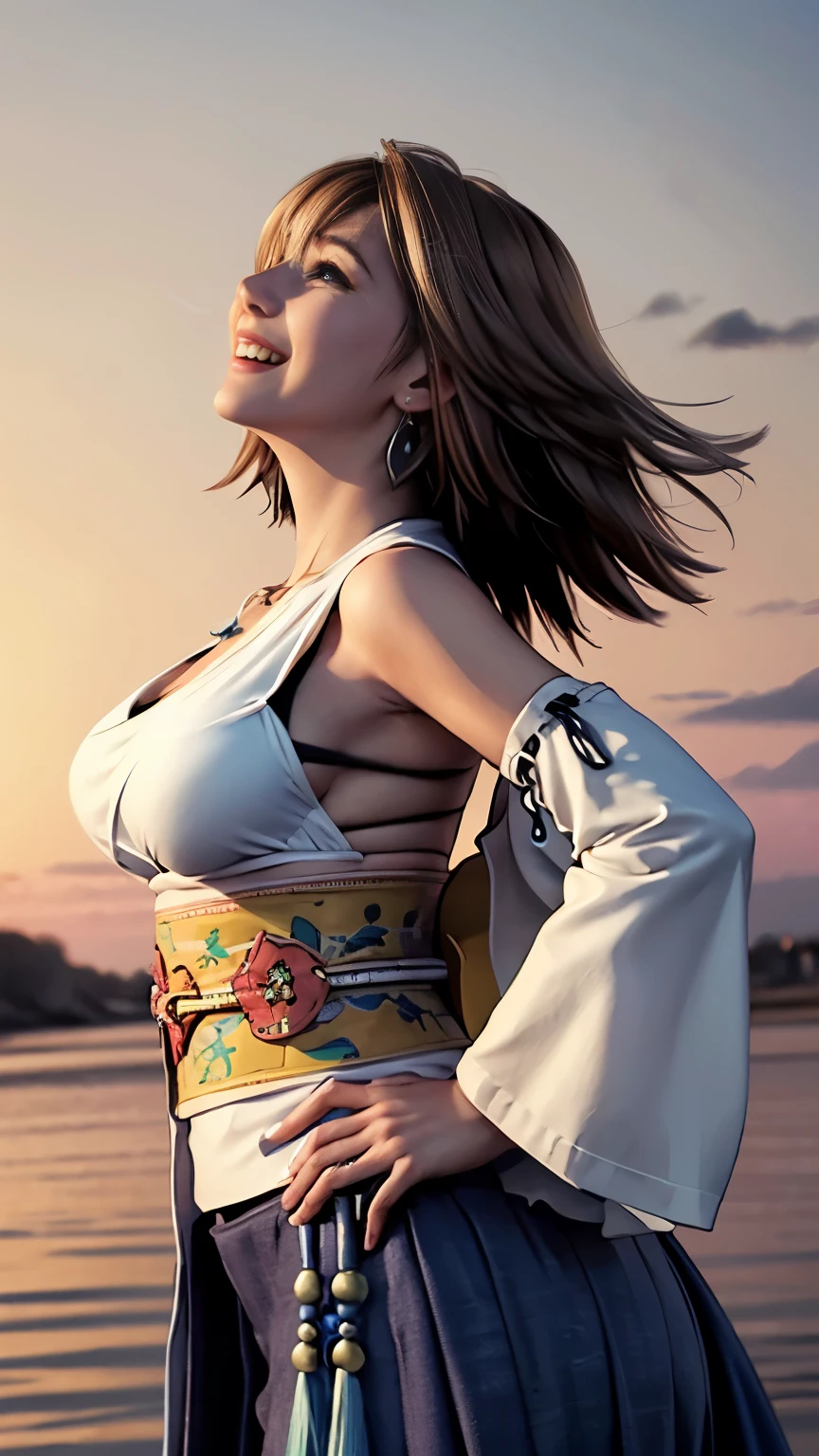 ((( Carefully depicts limbs based on perfect anatomy))),A very beautiful girl with eight heads tilting her head and laughing innocently at the edge of the waves on a tropical white sand beach,Big Breasts,Beautiful breasts, tight waist , stretch your chest,Nice Protruding Hips ,(((Low angle hip up 8K shooting with a wide-angle lens from behind))), happy smile, shows off her side,Alone, jewelry, detachable sleeves , necklace, blue beaded earrings, Low Angle Hip Up with Thin Pleated Hakama ,Yuna FFX, super high definition,8K Photo Realistic ,highly detailed, detailed color, cute woman,(Masterpiece,  High Quality ), viewers, Gorgeous Goddess , bob cut, Shiny Skin ,Charming, enchantment,dream like,((Thick bangs)),