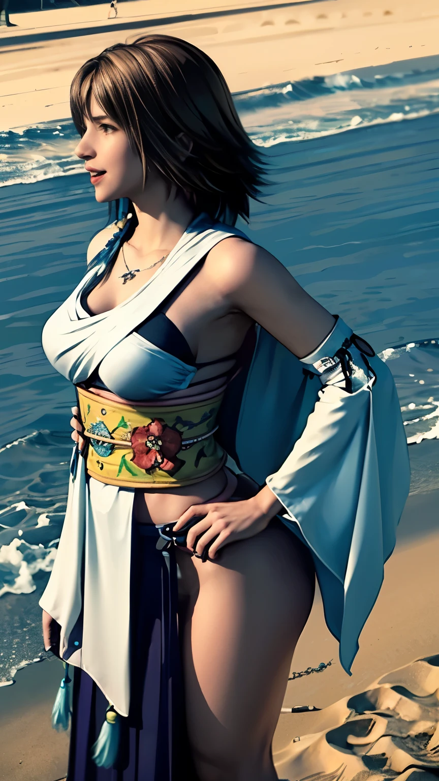 ((( Carefully depicts limbs based on perfect anatomy))),A very beautiful girl with eight heads tilting her head and laughing innocently at the edge of the waves on a tropical white sand beach,Big Breasts,Beautiful breasts, tight waist , stretch your chest,Nice Protruding Hips ,(((Low angle hip up 8K shooting with a wide-angle lens from behind))), happy smile, shows off her side,Alone, jewelry, detachable sleeves , necklace, blue beaded earrings, Low Angle Hip Up with Thin Pleated Hakama ,Yuna FFX, super high definition,8K Photo Realistic ,highly detailed, detailed color, cute woman,(Masterpiece,  High Quality ), viewers, Gorgeous Goddess , bob cut, Shiny Skin ,Charming, enchantment,dream like,((Thick bangs)),
