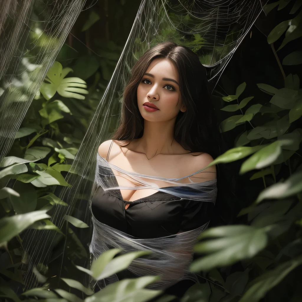 giant spider caught a girl, off-shoulder, helpless, caught in the web, tentacles, bound, restrained, in the spider web, dirty cocoon,  fearful face, shy,  is suffering, slave, deep cleavage, giant spider on a girl