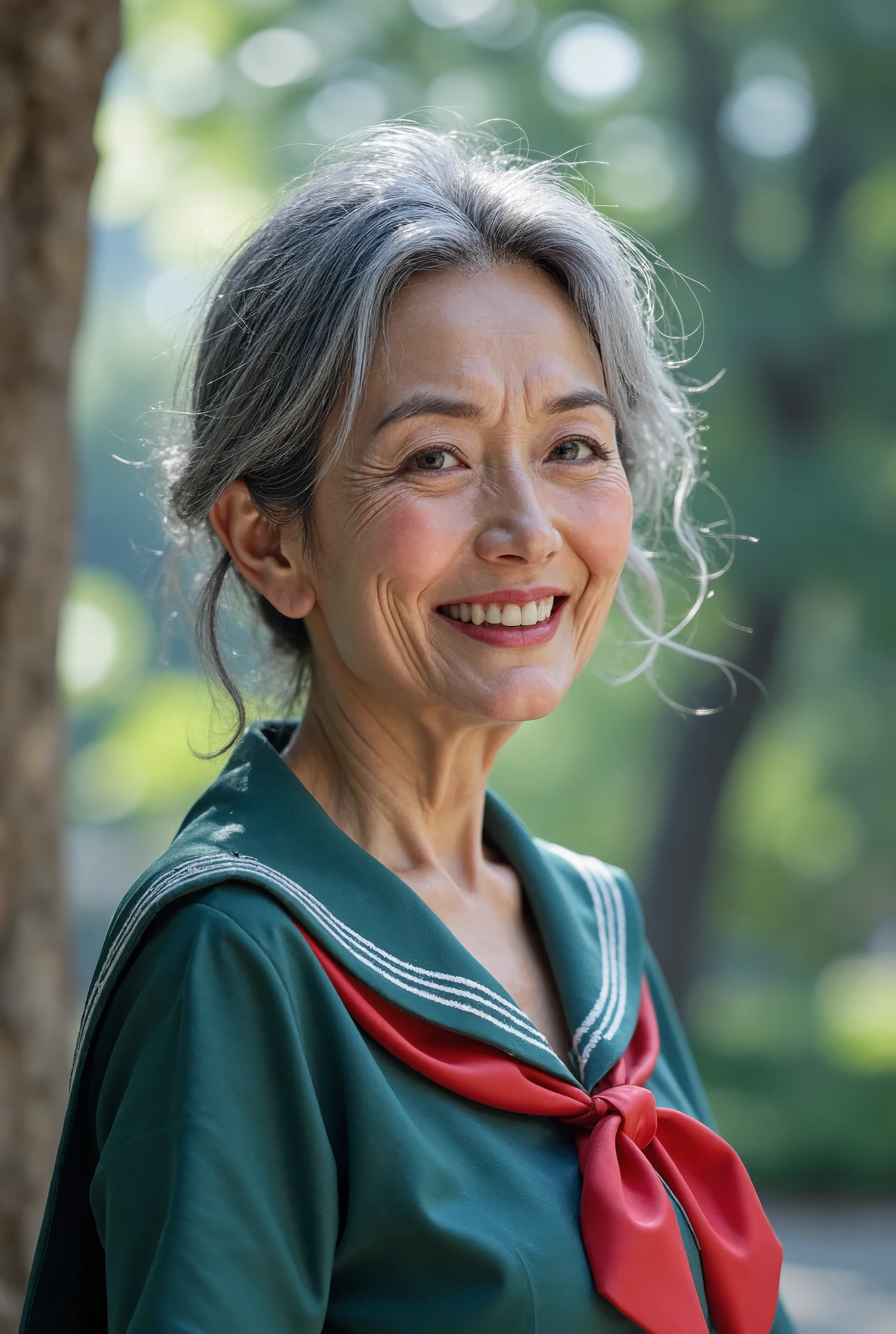  photorealistic、 full body image 、60 years old Japanese old woman、Pretty Woman Warrior Sailor Neptune、A thin and poor figure、 fine wrinkles, freckles, and moles on the skin 、 shy laugh 、 looking at the camera、The beautiful Royal Palace of the Moon illuminated by the dazzling sun、Sailor Neptune costume、 cool pose 
