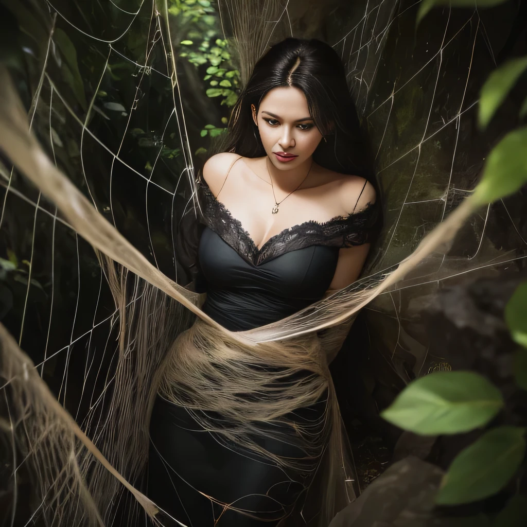 off-shoulder, extra long hair, helpless, deep cleavage, caught in the web, mud swamp, tentacles, bound, restrained, spider web, nets, silk, dirty cocoon, fearful face, shy, slave, bare shoulders