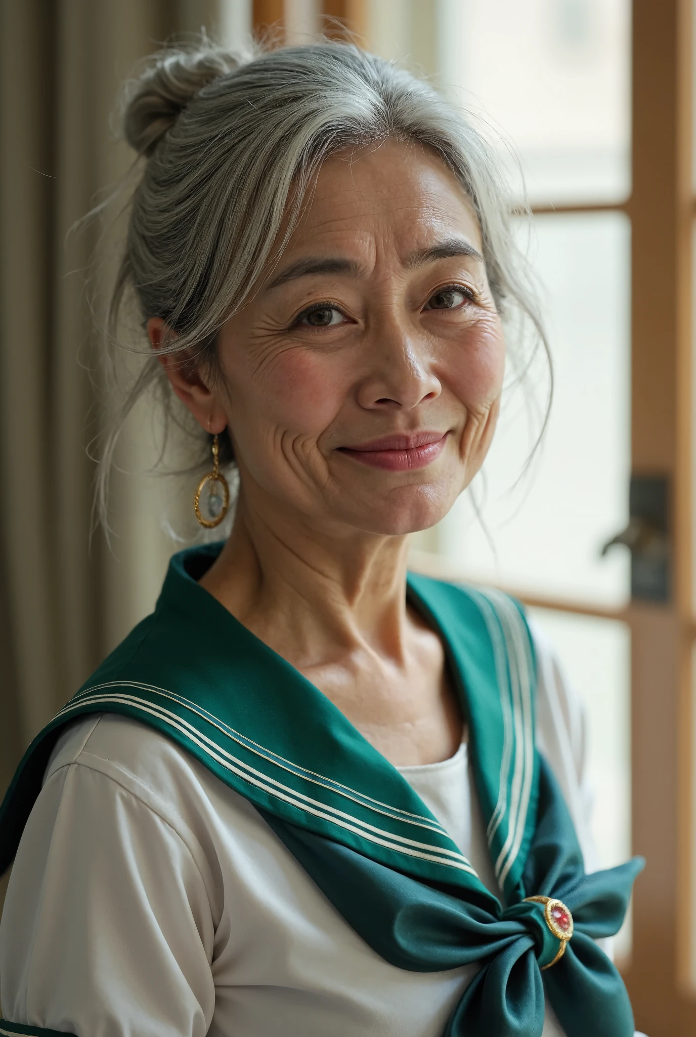 photorealistic、 full body image 、60 years old Japanese old woman、Pretty Woman Warrior Sailor Neptune、A thin and poor figure、 fine wrinkles, freckles, and moles on the skin 、 shy laugh 、 looking at the camera、The beautiful Royal Palace of the Moon illuminated by the dazzling sun、Sailor Neptune costume、 cool pose
