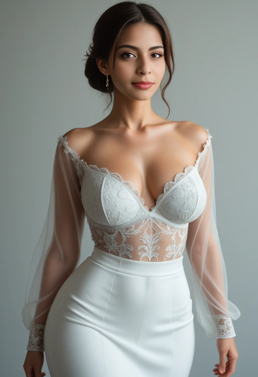 ((Masterpiece)), ((highest resolution)), (Margot Robbie:Morena Baccarin:0.5), ((detailed skin texture)), ((high detail face)), seductive smile, partially transparent lacy high detail plunging bodycon bodysuit, (realistic photo), (best quality), (detailed), shot on a Canon EOS R5, 50mm lens, F/2.8, HDR, (8k), (wallpaper), (cinematic lighting), (dramatic lighting), (sharp focus), (intricate), RAW photo, posing for camera, 8k uhd, high quality, film grain, by Craig Morey