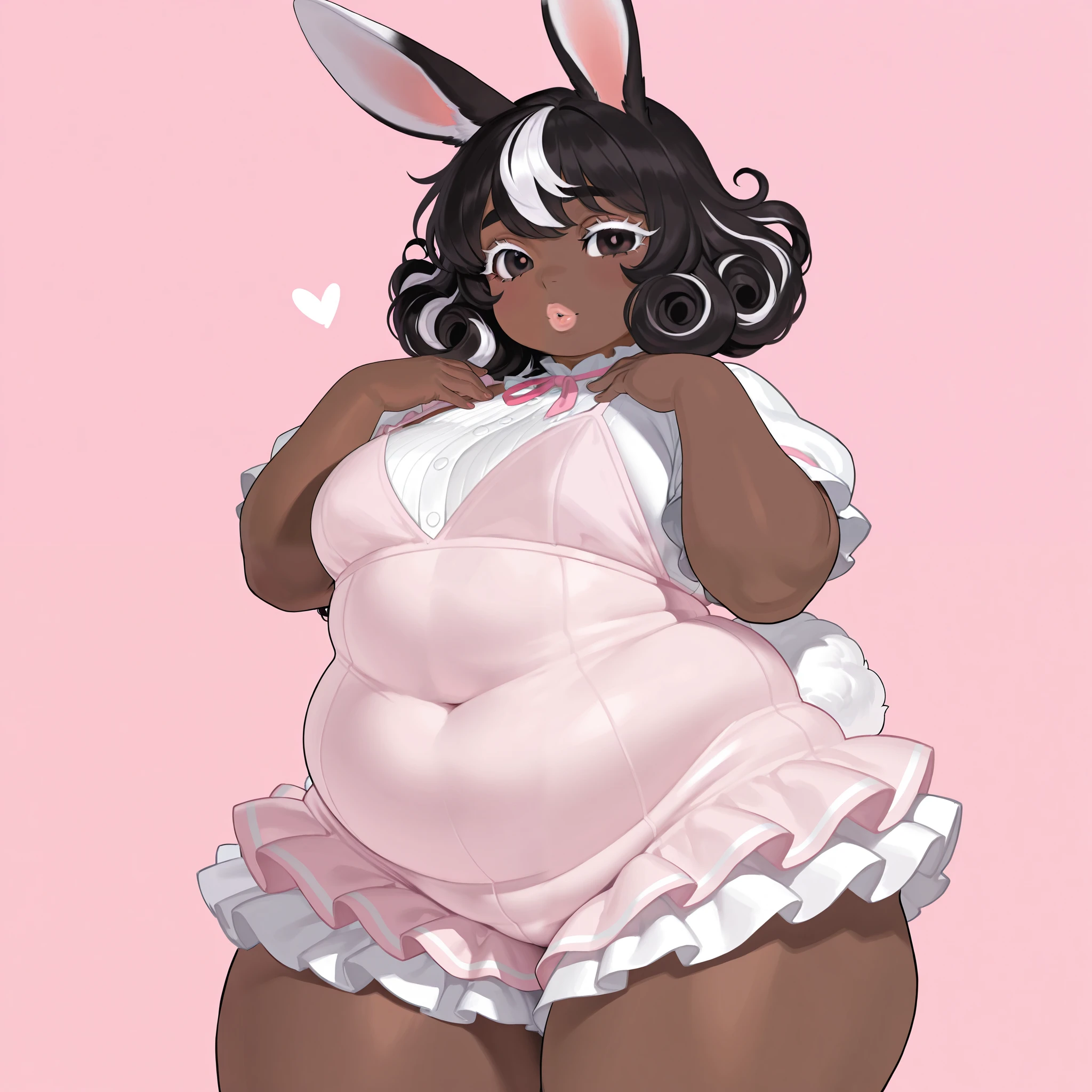 Lopunny, fat, big belly, big breasts, wide hips, huge butt, huge ears, brown fur, nice dress, girly, cake, bakery, smiling