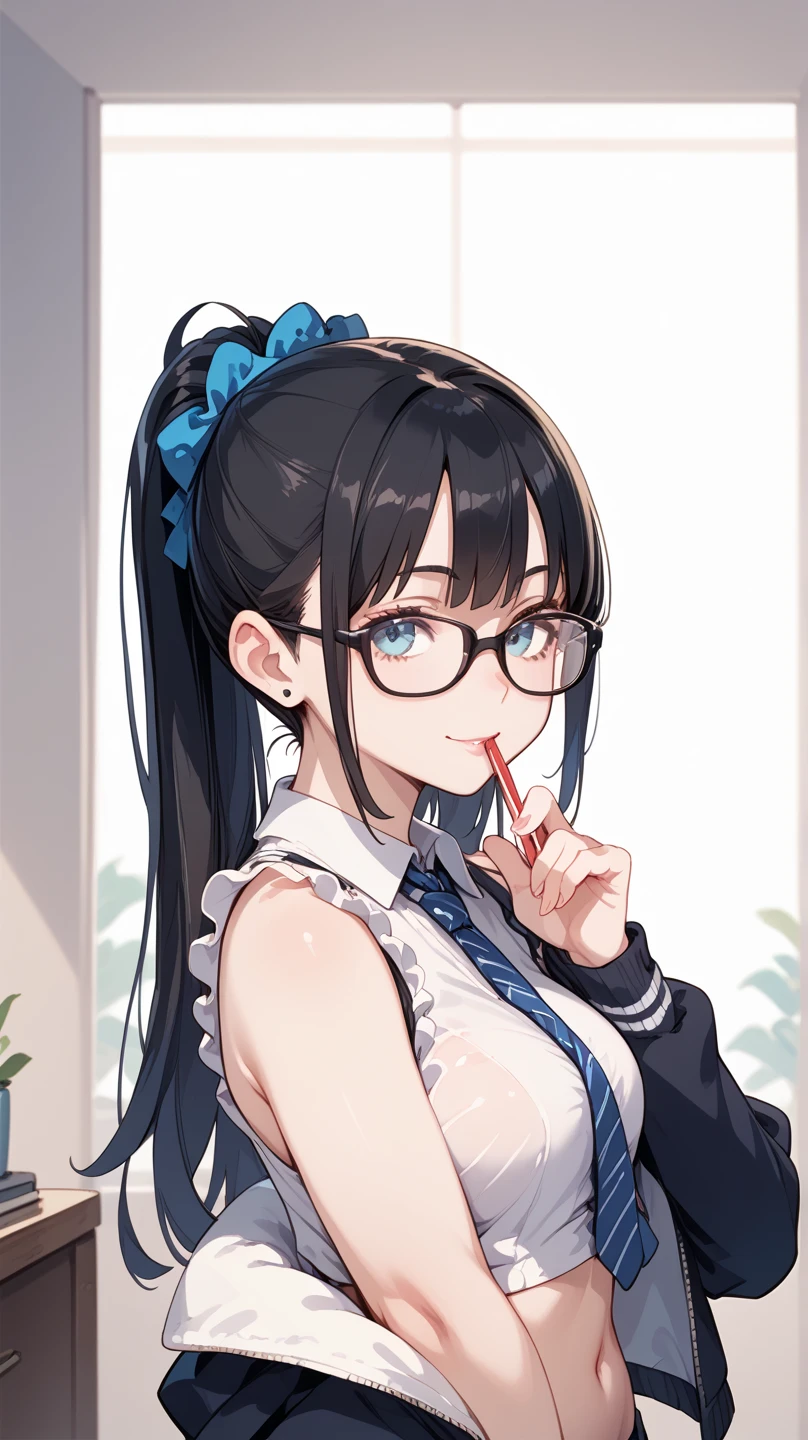 best quality,masterpiece,original,extremely detailed wallpaper,looking at viewer,1girl,solo,smile,blush,closed eyes,long hair,black hair,pig_tails,black_collar,white shirt,black skirt,cat ears,boots,devil_horns,goggles on head,glasses,white detached_sleeves,