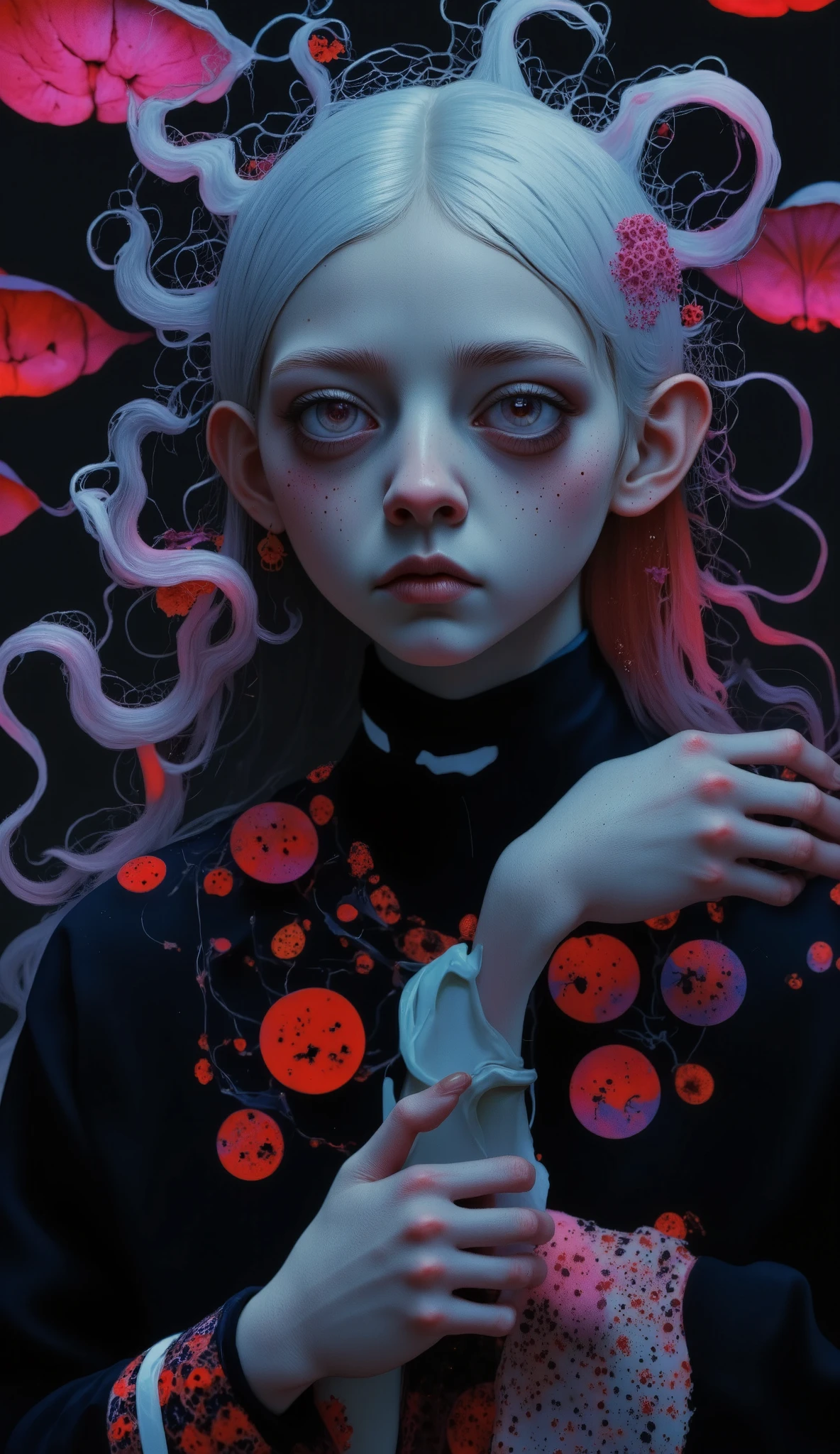   a zombie pixie with a chibi skeleton  , ( a girl),  face and extremely detailed features, Great cobweb wings  ,  surrounded by bioluminescent fungi ,  stalagmites ,  eerie cave background , ( envelopes,4k,8K,highres, masterpiece:1.2), ultra detailed ,(realistic,photorealistic,photo-realistic:1.37),Dark fantasy,Gothic,concept art,digital art