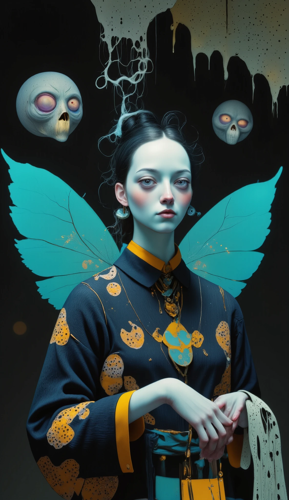 wide general plan , remote shot of the camera , a miniature fairy :1.4, small , hada hermosa, bioluminescent light , Fairy clothing , carrying a wand that gives off small bright stars, bioluminescent plants , on a dark night, dark background, ( a girl), face and extremely detailed features , large cobweb wings , surrounded by bioluminescent fungi , stalagmites , eerie cave background ( envelopes, 4k, 8K, High resolution, masterpiece:1.2), ultra Detailed , (realistic, photorealistic, photorealistic:1.37), Dark fantasy, Gothic, concept art , digital art