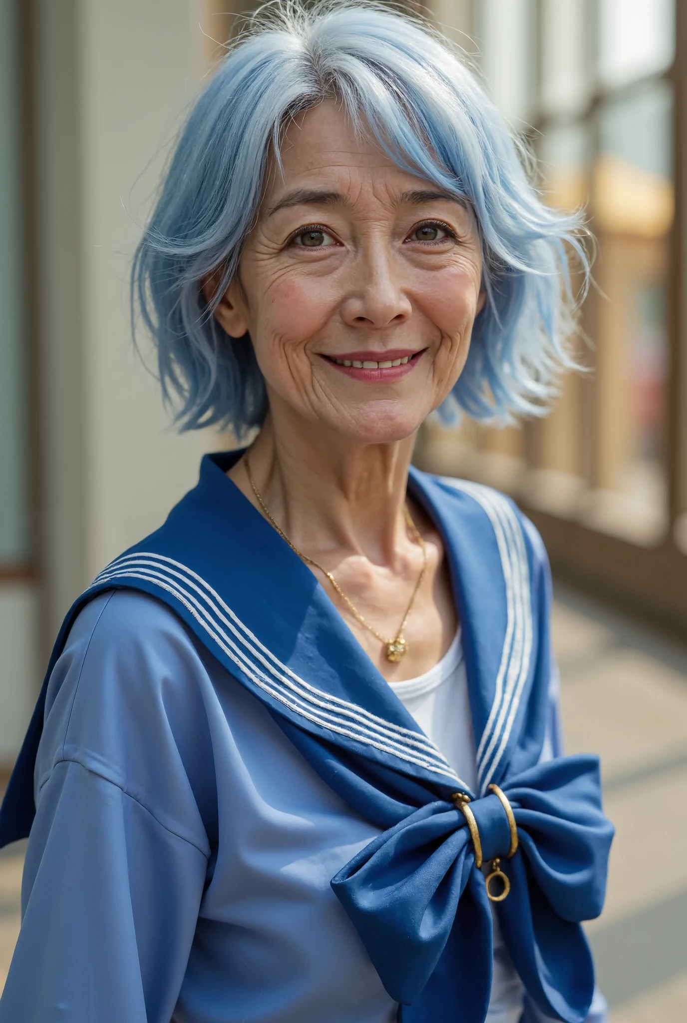 photorealistic、 full body image 、60 years old Japanese old woman、 Pretty Woman Warrior Sailor Mercury、A thin and poor figure、 fine wrinkles, freckles, and moles on the skin 、 shy laugh 、 looking at the camera、The beautiful Royal Palace of the Moon illuminated by the dazzling sun、 Sailor Mercury Outfit 、 cool pose 、Light Blue Damaged Hair