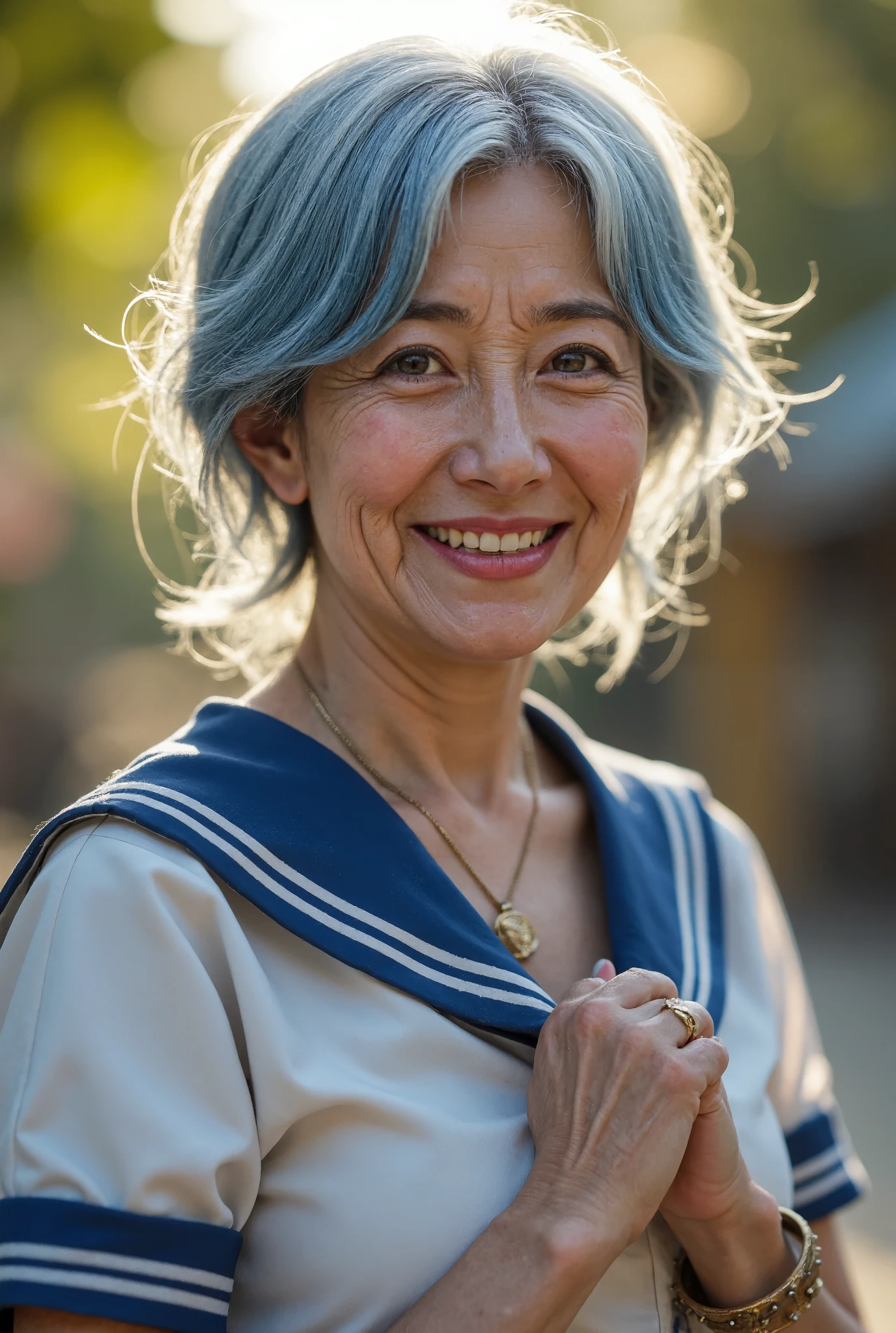 photorealistic、 full body image 、60 years old Japanese old woman、 Pretty Woman Warrior Sailor Mercury、A thin and poor figure、 fine wrinkles, freckles, and moles on the skin 、 shy laugh 、 looking at the camera、The beautiful Royal Palace of the Moon illuminated by the dazzling sun、 Sailor Mercury Outfit 、 cool pose 、Light Blue Damaged Hair