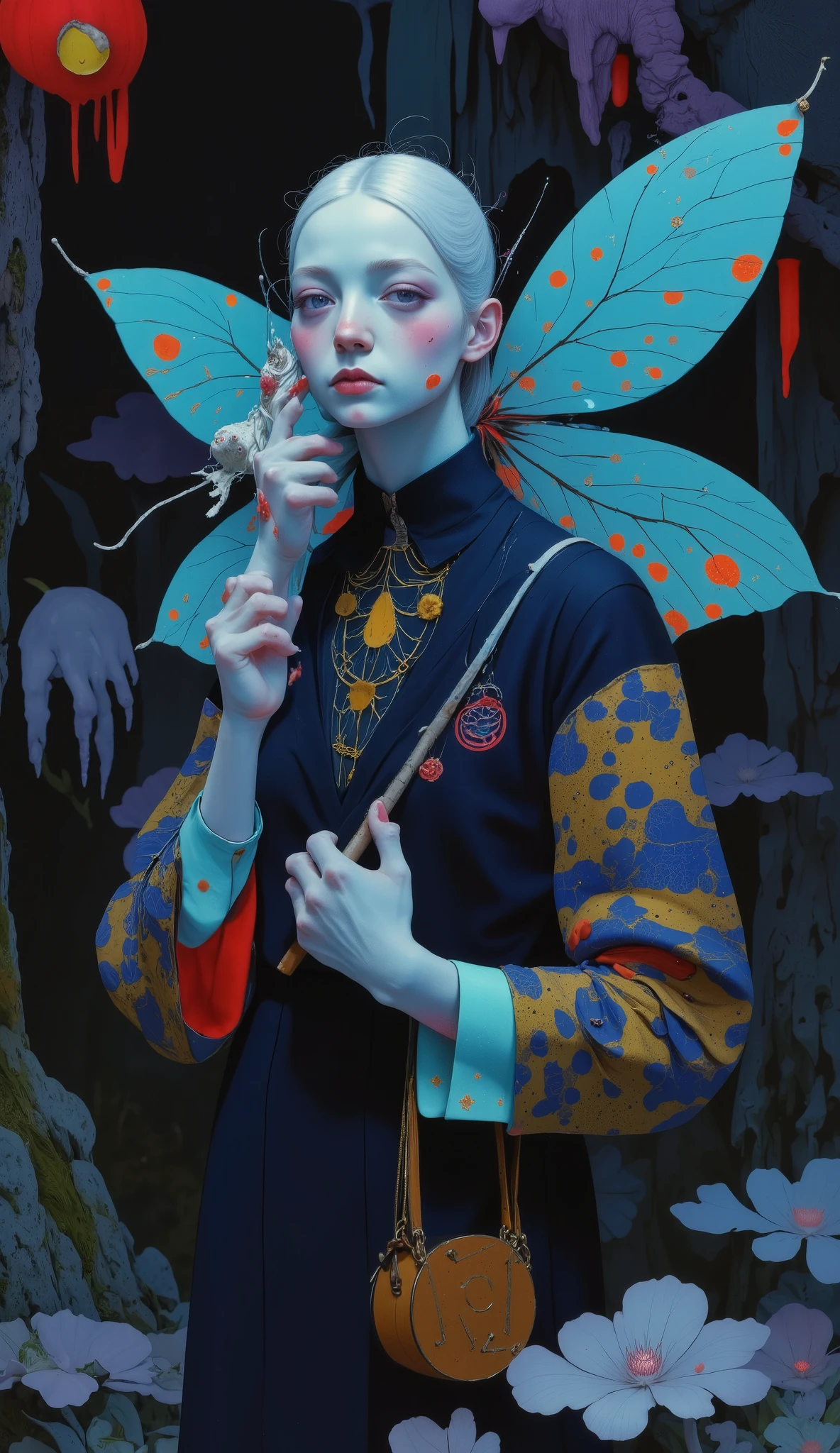 wide general plan , remote shot of the camera , a miniature fairy :1.4, small , hada hermosa, bioluminescent light , Fairy clothing , carrying a wand that gives off small bright stars, bioluminescent plants , on a dark night, dark background, ( a girl), face and extremely detailed features , large cobweb wings , surrounded by bioluminescent fungi , stalagmites , eerie cave background ( envelopes, 4k, 8K, High resolution, masterpiece:1.2), ultra Detailed , (realistic, photorealistic, photorealistic:1.37), Dark fantasy, Gothic, concept art , digital art