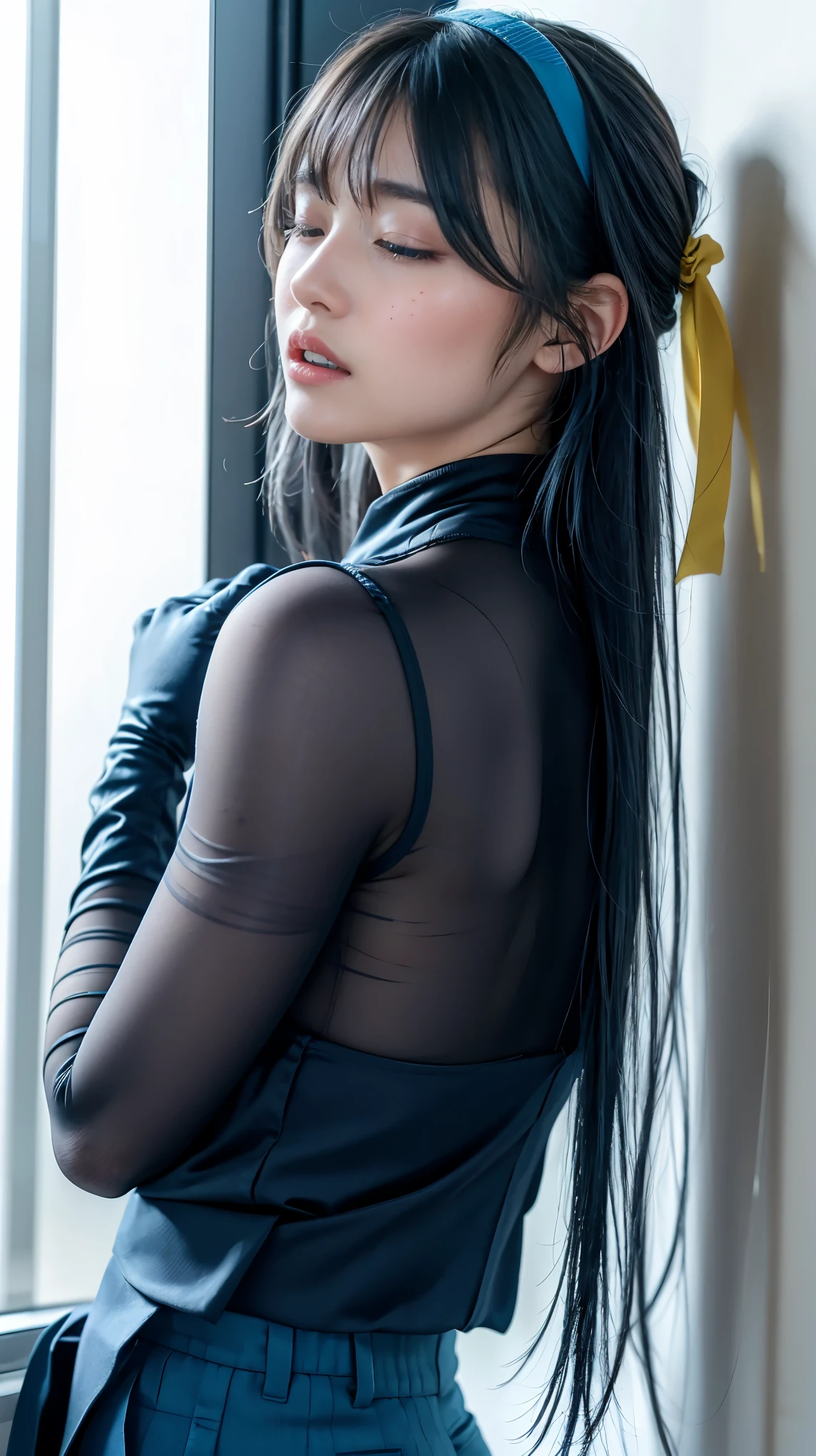 ((masterpiece, Best Quality)), beautiful woman (Jinx de Arcano), (small breasts), (fit, athletic body), (Natural skin), legs, (High Cut Lace Bodysuit:1.3), (seductive expression:1.2), standing, various poses, living room background, (HD, 8K Wallpaper, High resolution), cinematic lighting, physically based rendering, awarded, extremely detailed skin, Extra detailed face, high detail eyes, Carl Zeiss 85 mm F/1.4, by Ellen von Unwerth, from behind