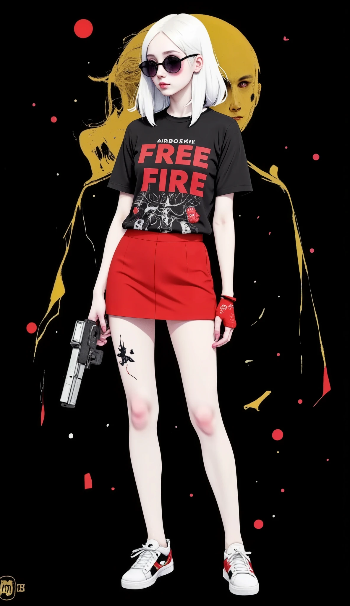   Feminine style cartoon characters  ,   with white hair a gold and red dracula behind the hair  ,  a white beard like Free Fire  ,  round black sunglasses ,   short sleeve t-shirt with red glove  , written in red on the brush   "free fire",   red skirt with white bottom edge  ,  with a gun in hand ,   long white thigh-length socks with a thin red ribbon on the side of the sock,   a red and black sneaker on the foot with face and ears  ,   Black background