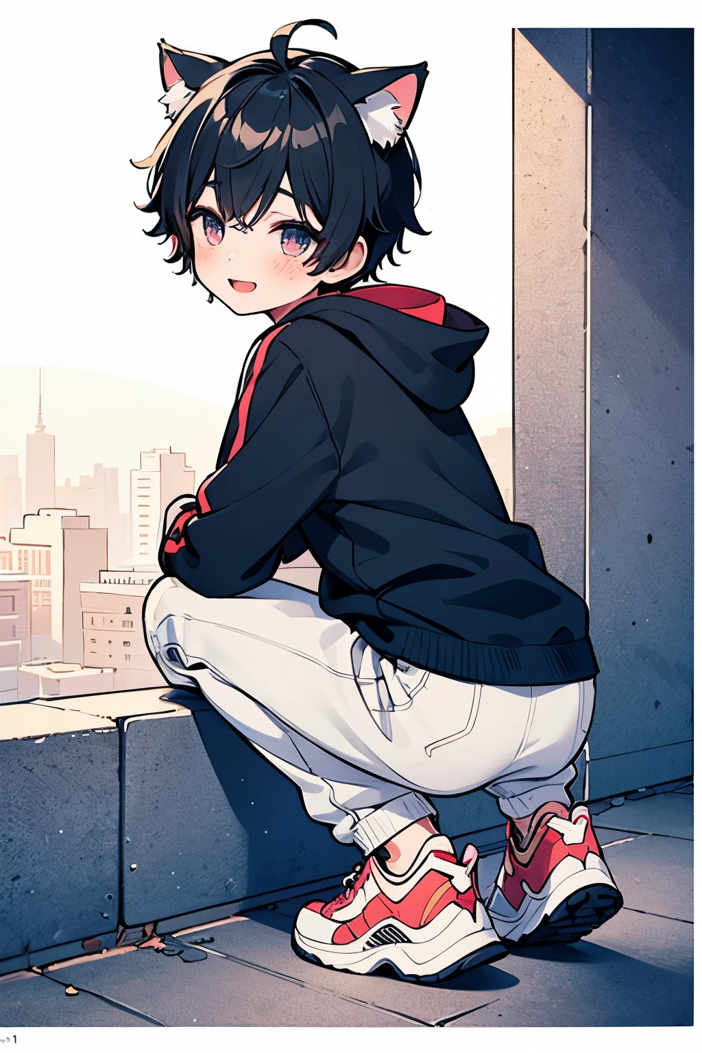 ((1-boy :1.5)),black hair,(very short hair:1.0),braid hair,(odd-eyes:0.85),((Kirakira eyes :1.0)), playful smile , Cat Ears Hooded Hoodie,(looking back:0.8),(Provocative viewpoint:1.0), thick soled sneakers ,((kawaii))