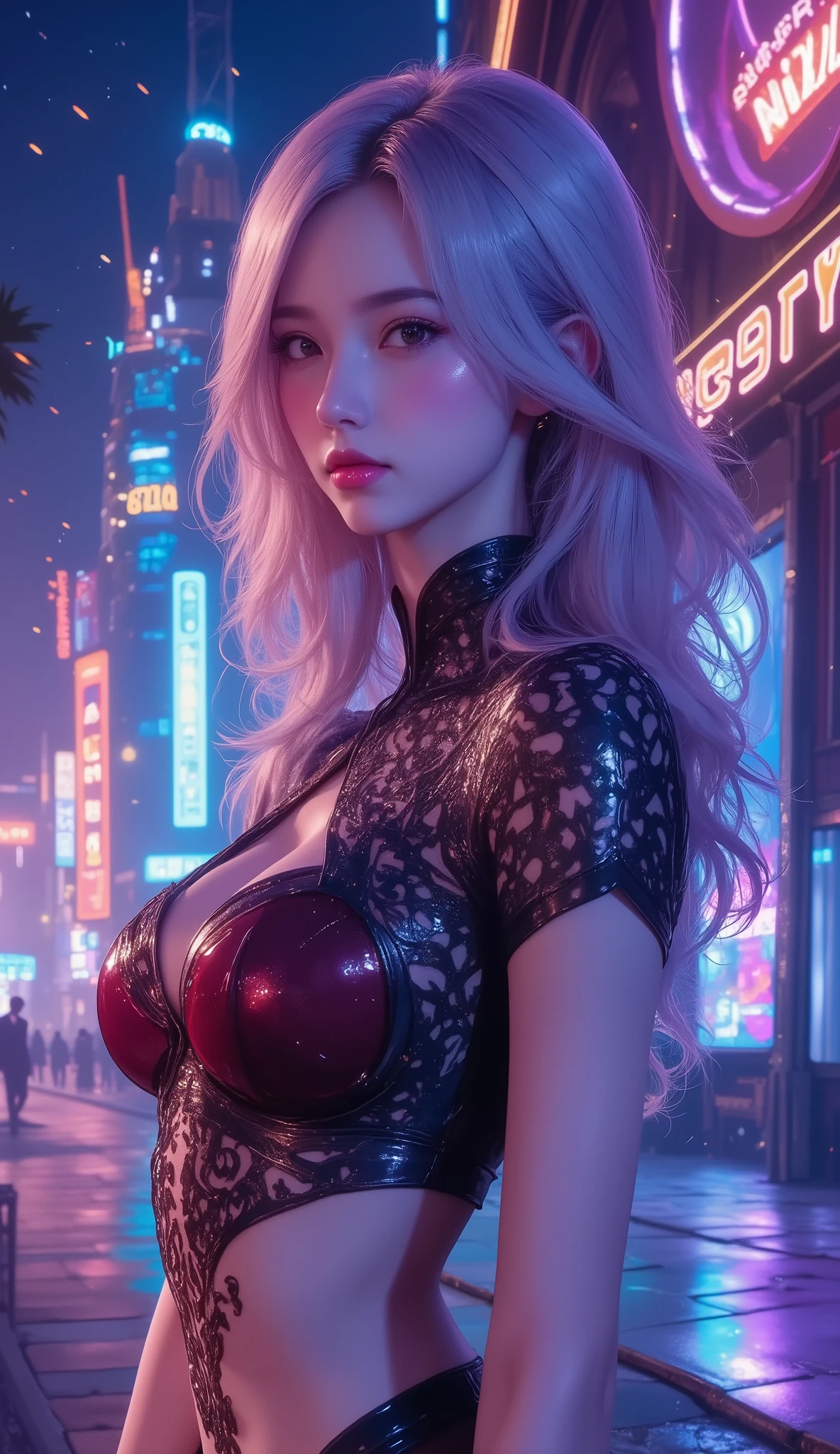 (Masterpiece, best quality , more details:1.3), Perfect Composition , 4K, ( very detailed on trends, more details), Soft Writing, born, high resolution, 8k texture, Extreme Details, Advanced Skin Textures, Spectacular details, high resolution, 1 girl, ( detailed eyes:1.3), ( 18 year old girl:1.3), ( skinny), ( big breasted ), small, from ,, night city, Night Lighting , neon light, Anime, illustration,