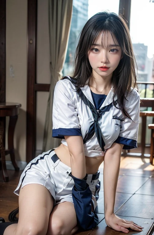 (((Spread your legs wide:1.35)))、(((Flip up the skirt:1.35)))、(((Leaning on a pillow:1.35)))、(((Sailor suit:1.35)))、(((loafers:1.35)))、(((On the bed:1.35)))、Half-naked whore shows that she has a very slender figure. Ella Tem Cabellos Castaños , She has short hair、Has large light green eyes, pose in a very sexy position, Leaning against the wall of a strip club in a city full of night views and places. Cowboy Shot. Exposed cleavage. super high quality. Many details. sharp focus of mullet. realism.