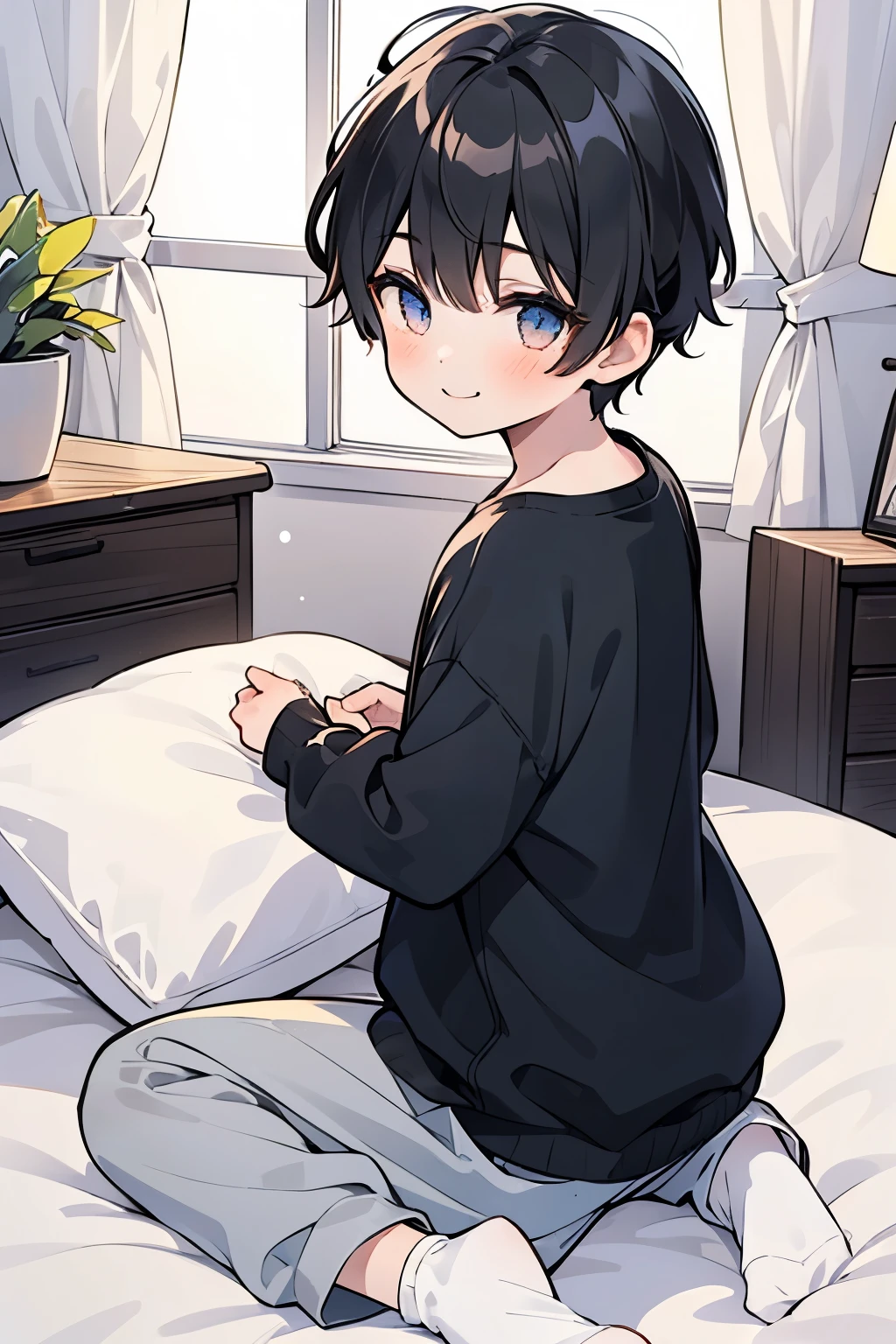((1-boy :1.5)),black hair,(very short hair:1.0),braid hair,(odd-eyes:0.85),((Kirakira eyes :1.0)), playful smile ,Loungewear,(looking back:0.8),(Provocative viewpoint:1.0),socks,((kawaii))