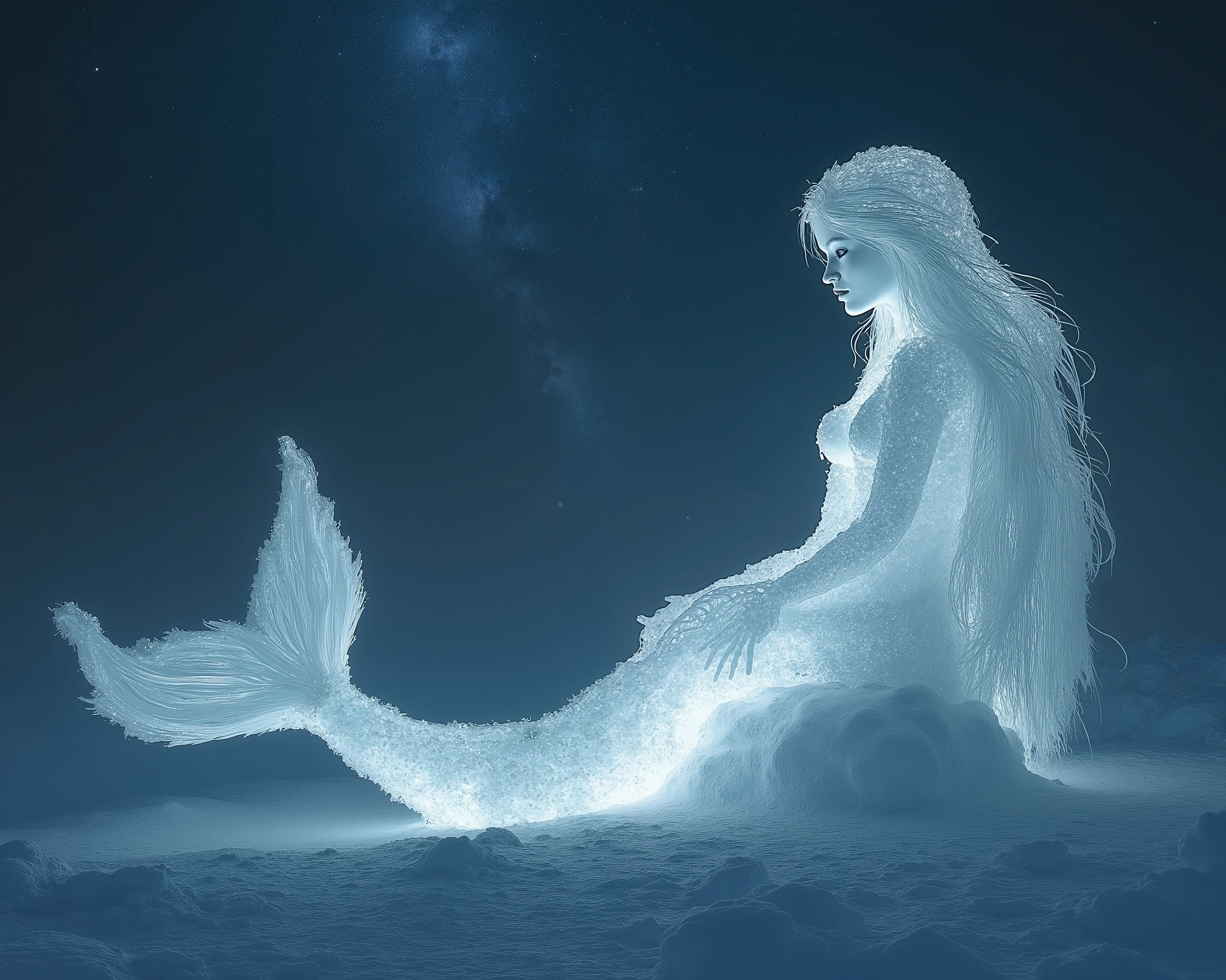 Winter Night, woman, womanの手から漂う青い魔法の炎, 魔法魔法使いのwoman,  Mermaid Sculptures Made of Snow , Glowing Magical Energy ,  Snow Statues That Look Like They Are Living,  Mysterious Worldview,  sky full of stars, 