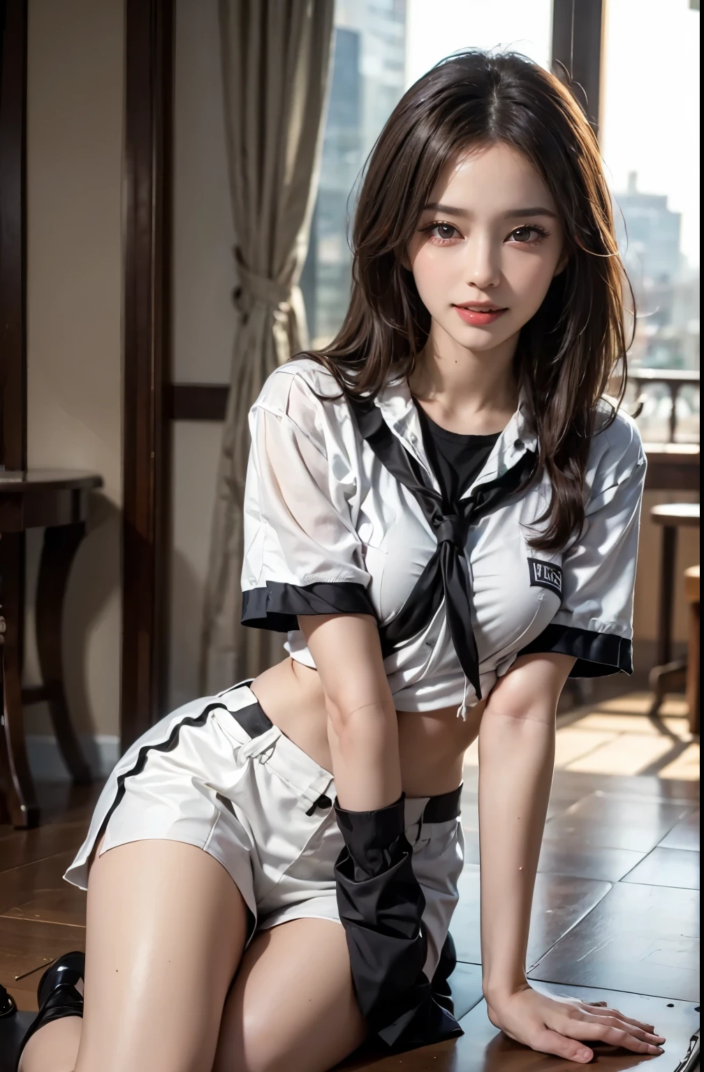 (masterpiece, top-quality, a beauty girl, kawaii faces, Striking eyes:1.5), shorth hair, (hugetits, tiny chest,Small waist:1.2), 8K, Official art, Raw photo, incredibly absurdness,School Uniforms, sitting on, frombelow, slender, The upper part of the body, Simple background, in mountains, Look at viewers, thighs thighs thighs thighs, spread legswide, face lights, film grains, chromatic abberation, foco nítido,Kamimei,Raise your hands above your head,