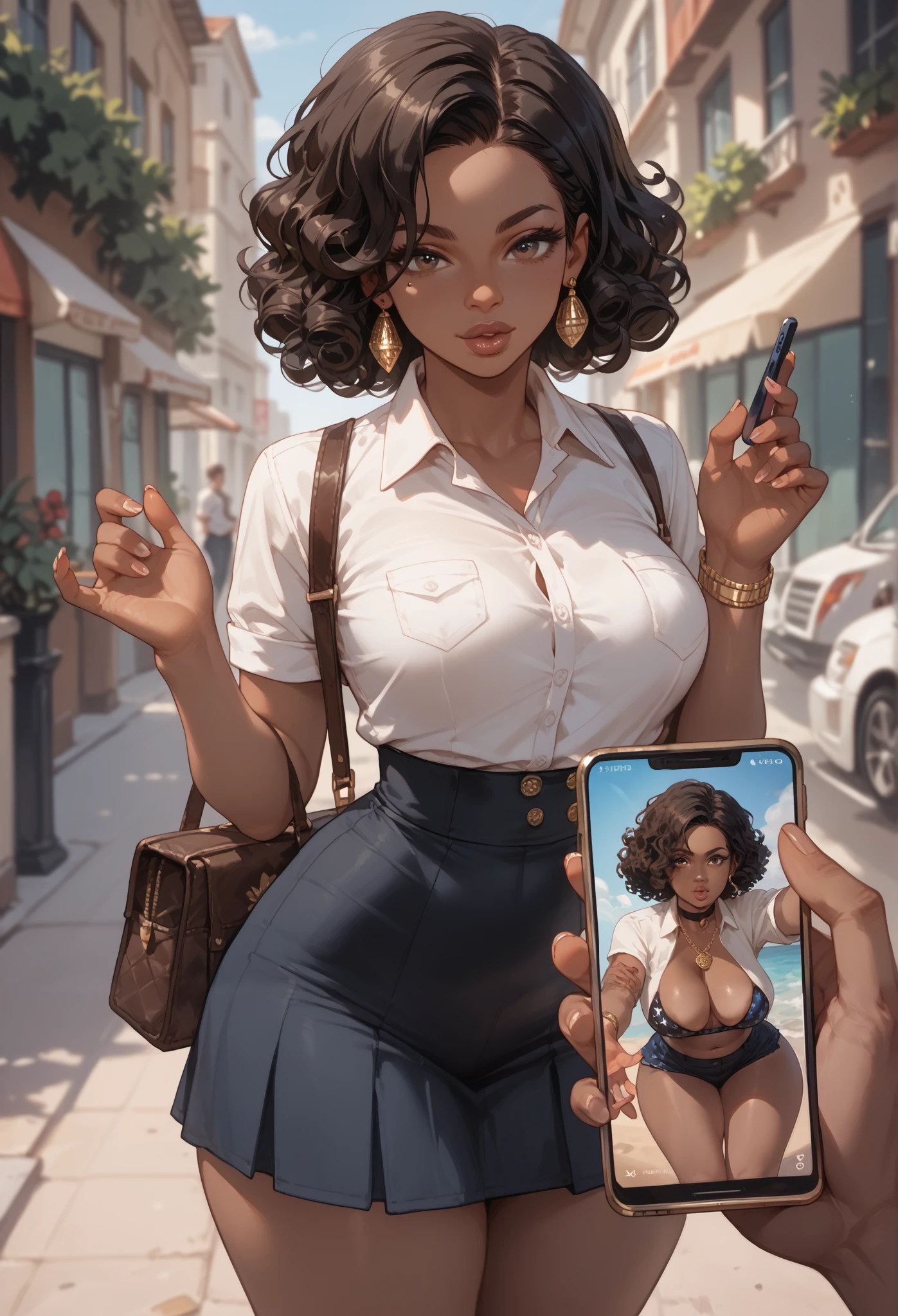 Almond-eyed Dark Mocha-skin tonned African-American woman with Short dark curly hair, juicy lips, a large chest, thick thighs, Perfect hands. She is wearing white collared and plated skirt.she is Seductively looking at viewer. Phone exposure.