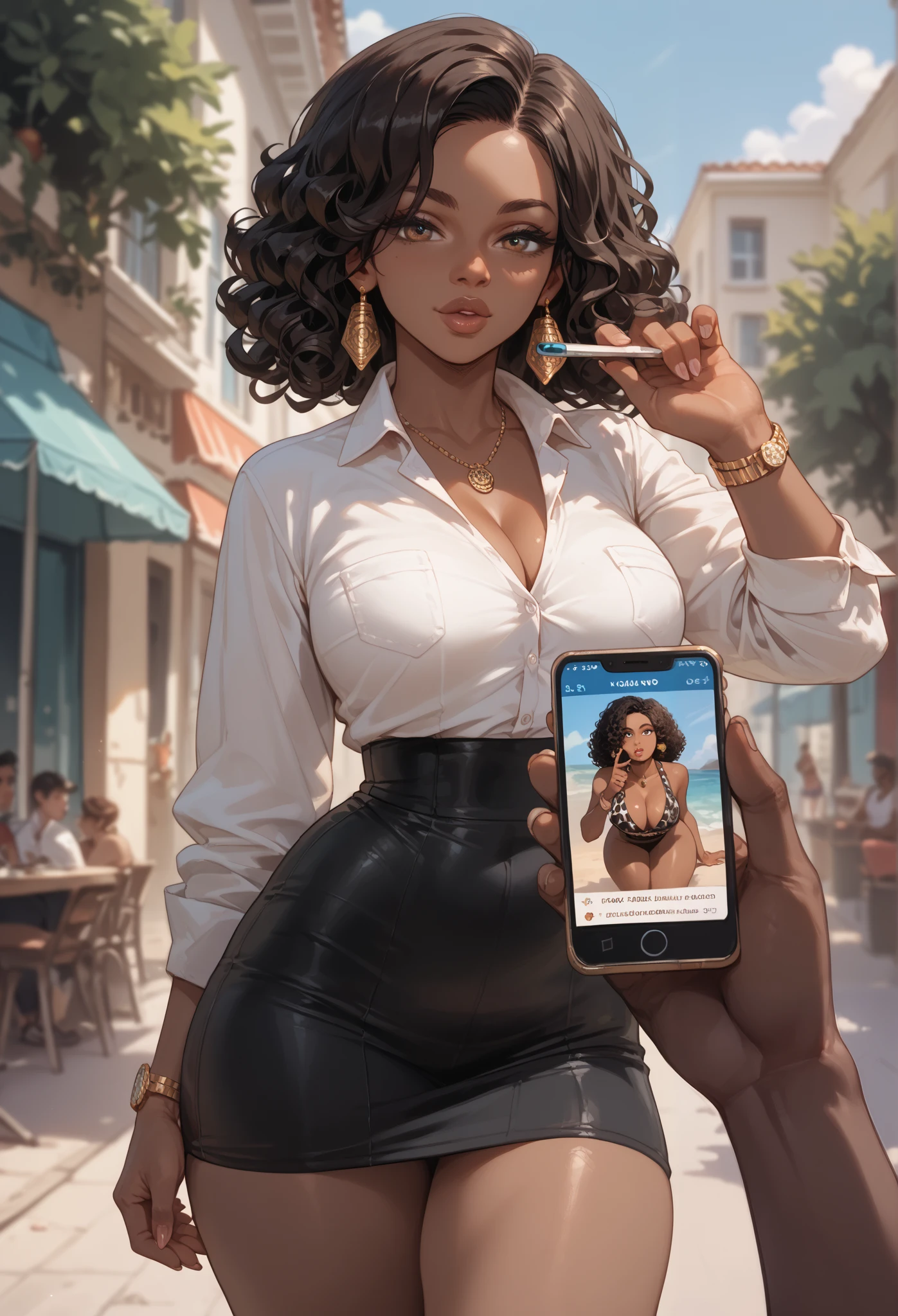 Almond-eyed Dark Mocha-skin tonned African-American woman with Short dark curly hair, juicy lips, a large chest, thick thighs, Perfect hands. She is wearing white collared and plated skirt.she is Seductively looking at viewer. Phone exposure.
