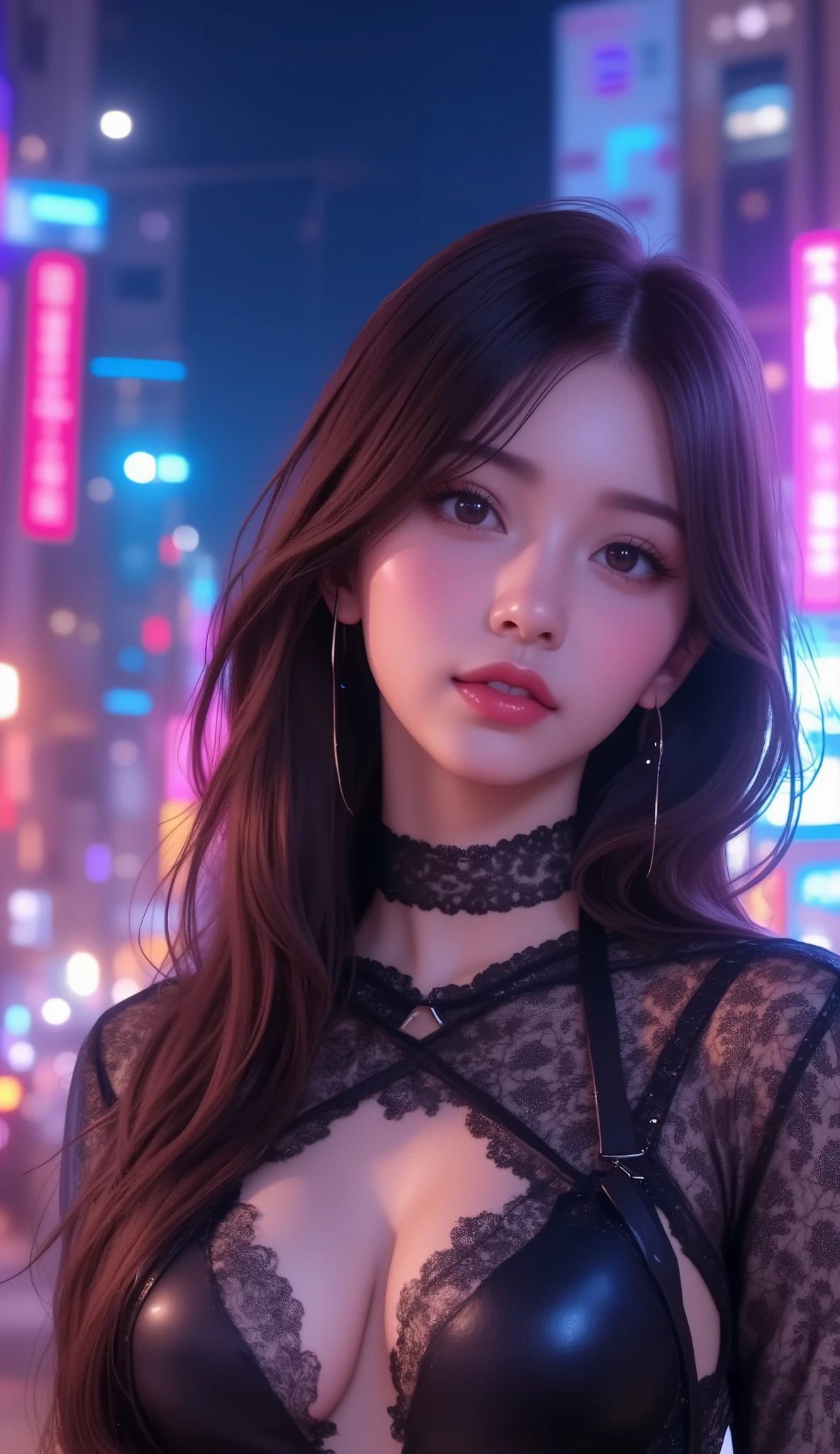 (Masterpiece, best quality , more details:1.3), Perfect Composition , 4K, ( very detailed on trends, more details), Soft Writing, born, high resolution, 8k texture, Extreme Details, Advanced Skin Textures, Spectacular details, high resolution, 1 girl, ( detailed eyes:1.3), ( 18 year old girl:1.3), ( skinny), ( big breasted ), small, from ,, night city, Night Lighting , neon light, Anime, illustration,
