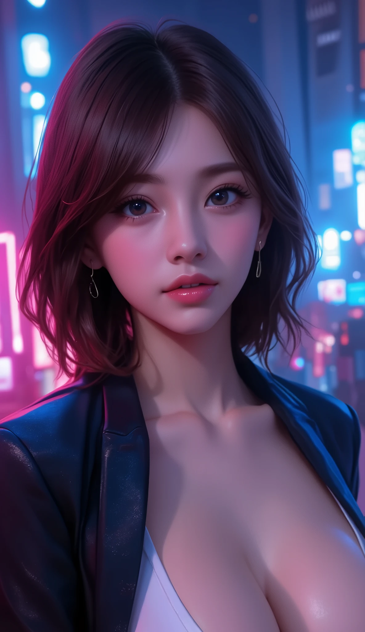 (Masterpiece, best quality , more details:1.3), Perfect Composition , 4K, ( very detailed on trends, more details), Soft Writing, born, high resolution, 8k texture, Extreme Details, Advanced Skin Textures, Spectacular details, high resolution, 1 girl, ( detailed eyes:1.3), ( 18 year old girl:1.3), ( skinny), ( big breasted ), small, from ,, night city, Night Lighting , neon light, Anime, illustration,