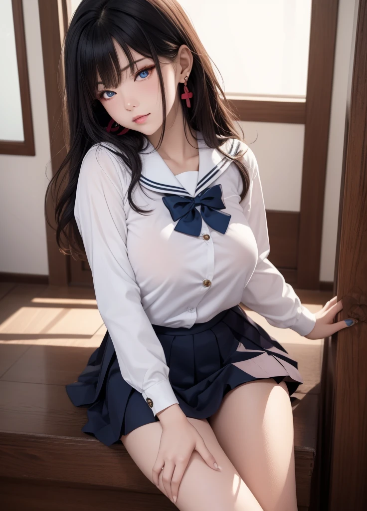 1girl, 独奏,hazuki ren,cosplay,
black hair,long hair,high ponytail, white hair bow, blunt bangs,
yuigaoka school uniform,school uniform, blue jacket, red neck ribbon, black loafers, white socks, long sleeves, white collared shirt, grey dress, open jacket, pinafore dress,, (best quality, masterpiece:1.2), tianfeng1, Extremely detailed, (Practical:1.37), beautiful, youth, Glamorous model, Warm colors, ((A full body perspective，Naturally bent knees，Skin is firm and smooth)), ((In the old-fashioned room，Sit on the edge of the bed，Lean back，Support your body with your elbows)), ((Elegant and natural posture)), (big eyes, Delicate eyes, Delicate lips, Delicate eyes), Available in white with floral pattern, Show a bright smile, fit, Full breasts, ((Big breasts)), Long legs, Create a stunning picture of a girl enjoying her sleep