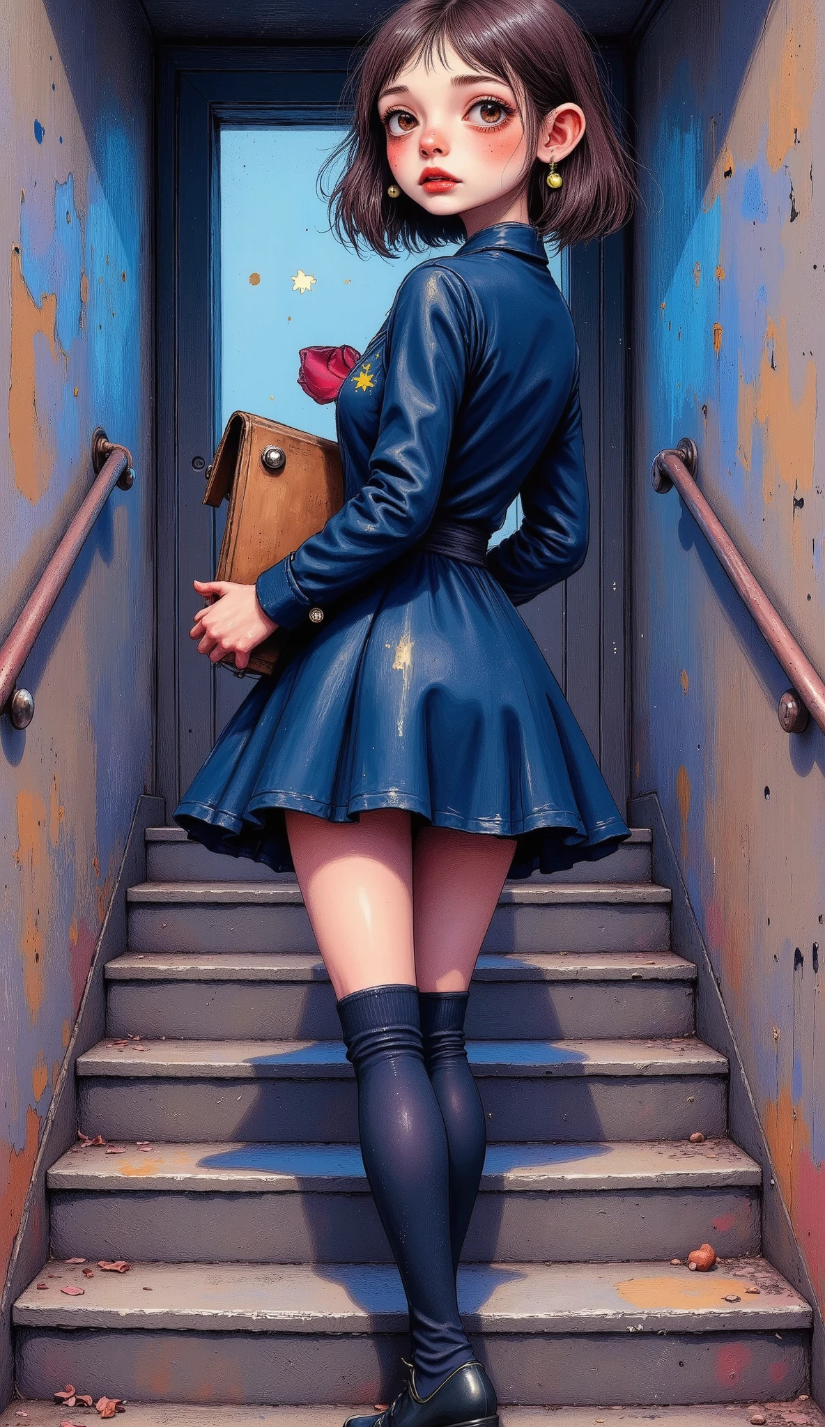 (( )), (( masterpiece)), ( High resolution), 8K, Best Tone , The best natural light, cinematic dust , High school student climbing the stairs 、20 years, ( brown hair)、 looking back , shy、 navy blue jacket 、navy blue skirt、(dark blue socks)、(( back view))、 Angled from directly below the back , (( seen from below ))、dark blue socksのクローズアップ、 Arrangement of the sleeve panels 、 cartoon style 、Sleeve design、 Station stairs 、On the way to school, A skirt that moves with the wind, Elegant white panties hidden under a skirt , slim body , beautiful thighs, embarrassed expression