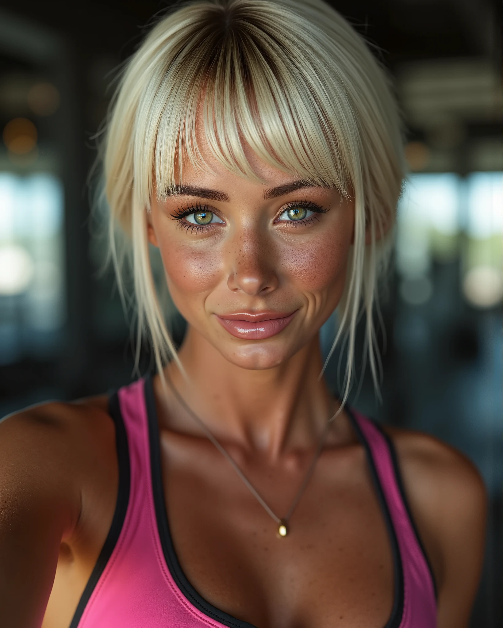 (sexy), ultrahigh resolution, great quality, 8k, photo and raw, best quality, masterpiece, hyperrealistic, incredible, photorealistic, extremely detailed, sharp focus, real person, very attractive and beautiful, (Sara Jean Underwood), (Sara Jean Underwood's facial features), (Sara Jean Underwood's face), (Sara Jean Underwood's body), (Silky platinum blonde pixie cut hair with bangs), (green color eyes, iris and pupil perfectly defined), Detailed face, twenty three years old, model body, sexy body, (Sara Jean Underwood at the gym in pink and black spandex women's gym clothes, very sweaty, smiling tiredly, taking a selfie with the mobile phone, very sweaty skin and hair, photo from the cell phone's perspective, sensual and desirous expression, full body photo, full body, playboy photo style, Sara Jean Underwood, captivating and tempting, Realistic, sensual look, sexy, Instagram model, sensual, sensual posing, natural pose, happy and sexy expression, goddess, perfect physical proportions, freckles on the nose), perfect mouth, perfect legs ,sinuous look, sexy look, stitching, (detailed skin), cinematic lighting, perfect detailed and pretty eyes, (Highly detailed body, perfect body measurements), detailed and tempting lips, (Body measurements 36D-24-34), (height 165 centimeters, weight 52 kilos), marking body clothes, marked breasts, rosy cheeks, juicy and sexy lips, perfect lips, wild and sexy hair, Full body view, Highly detailed CG unit 8k wallpaper, shot style, complex, High detail, Dramatic, Highest Quality Movie Still Image, Realistic Ultra Detailed Rendering Style, Natural Light, Crisp Character, iPhone 15 Pro MAX, ((intricate details)), natural photography, natural light, (extremely realistic and natural pose), posing naturally