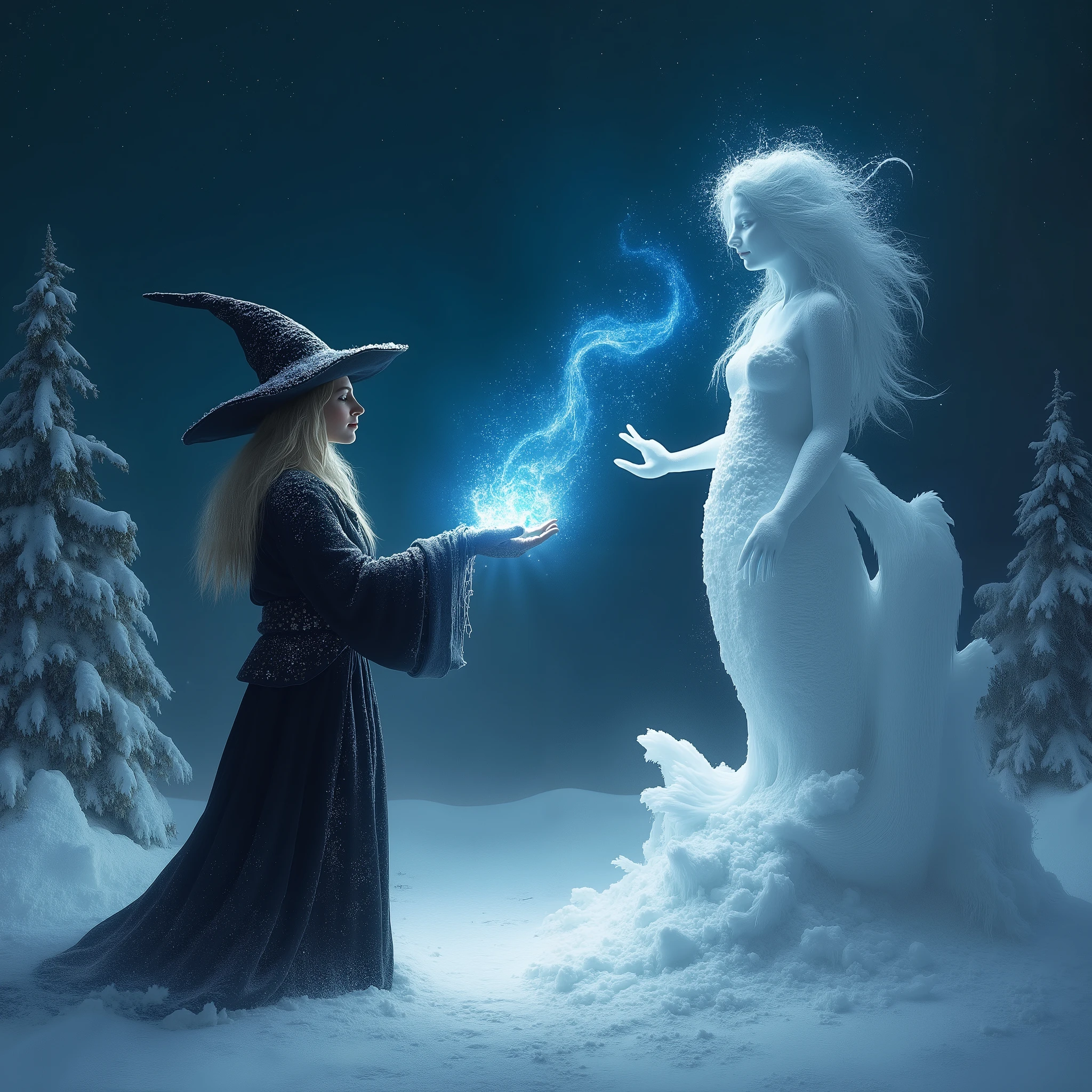 A mystical winter night scene: a wizardess stands beside her snow-white sculpture of a mermaid, as wisps of blue magical flame dance from her outstretched hand. The air is illuminated by shimmering magical energy, and the living-like snow statue appears to be imbued with an otherworldly essence. Against the star-filled sky, the snow-dusted trees and mystical atmosphere evoke a sense of enchantment.