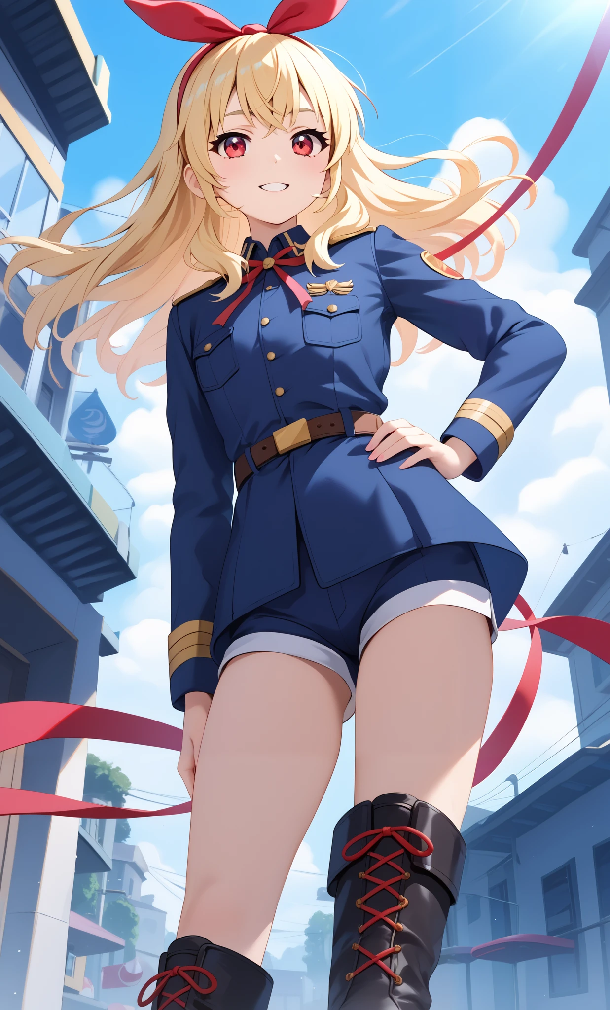 (masterpiece, best quality, highly detailed, ultra detailed, high resolution, absurdres, 4K, 8K:1.2), A girl standing in military uniform. One girl, Ichigo Hoshimiya, blonde hair, red eyes, (red ribbon on hairband: 1.2), military uniform, shorts, absolute territory, thighs, black boots, showing thighs,se_up