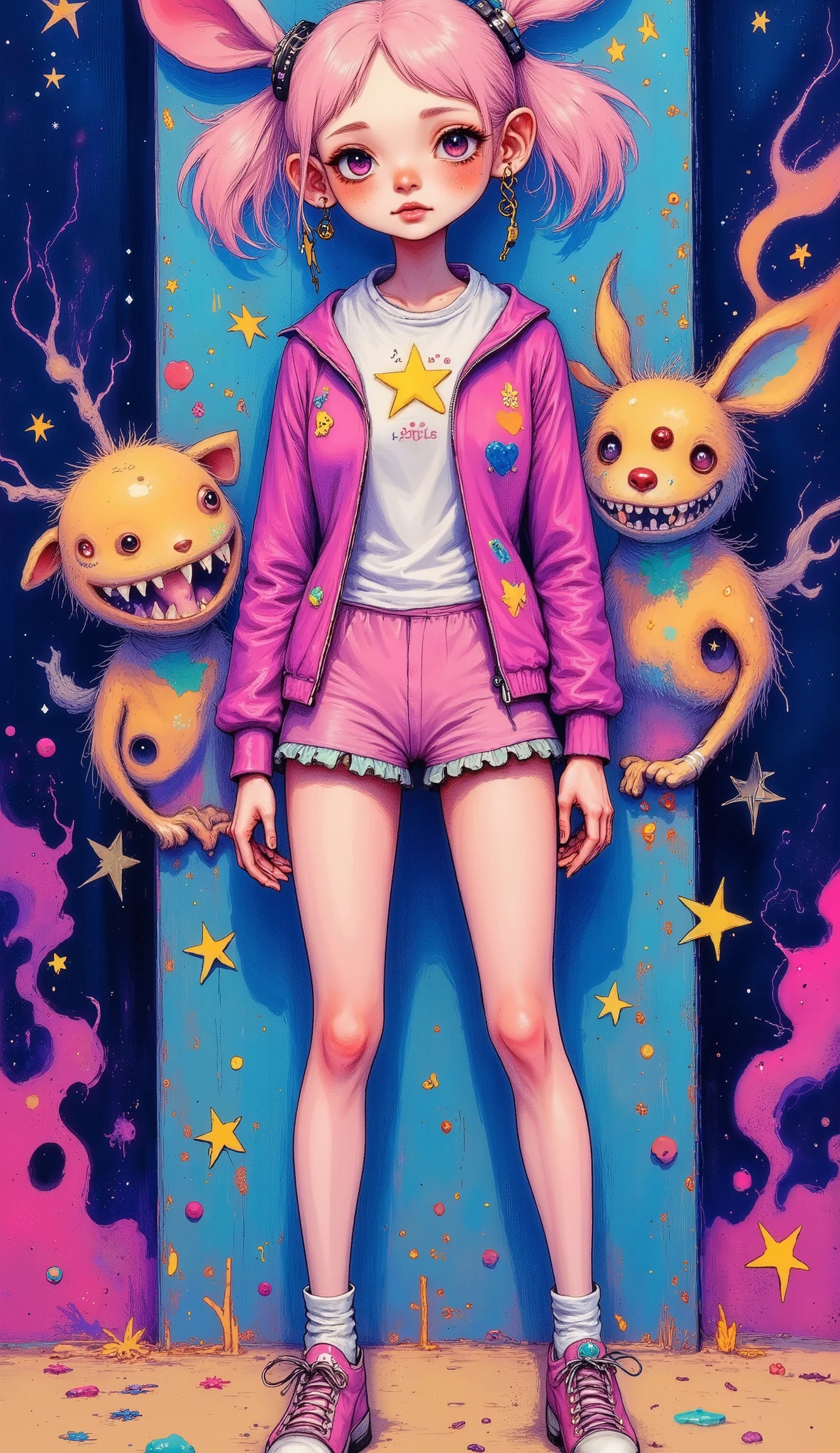 Manga style:1.4, A woman wearing an Alicia   ,  , she wears a tight pink bodysuit and a short pink jacket with long sleeves and two-tone gloves...,   cosplay costume and white socks and white cosplay shoes   , She has long hair with two pink pigtails with headphones shaped like animal ears 
