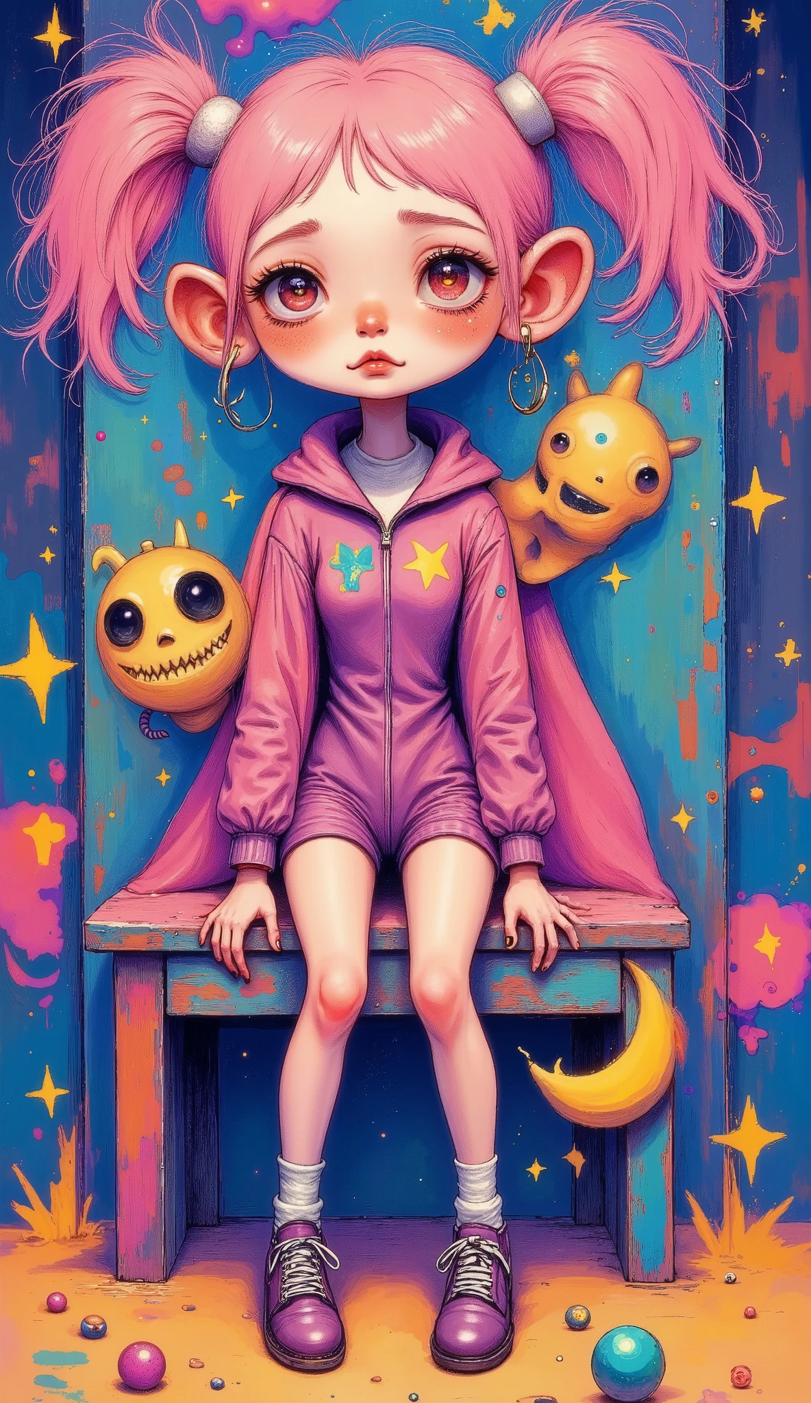 Manga style:1.4, A woman wearing an Alicia   ,  , she wears a tight pink bodysuit and a short pink jacket with long sleeves and two-tone gloves...,   cosplay costume and white socks and white cosplay shoes   , She has long hair with two pink pigtails with headphones shaped like animal ears 
