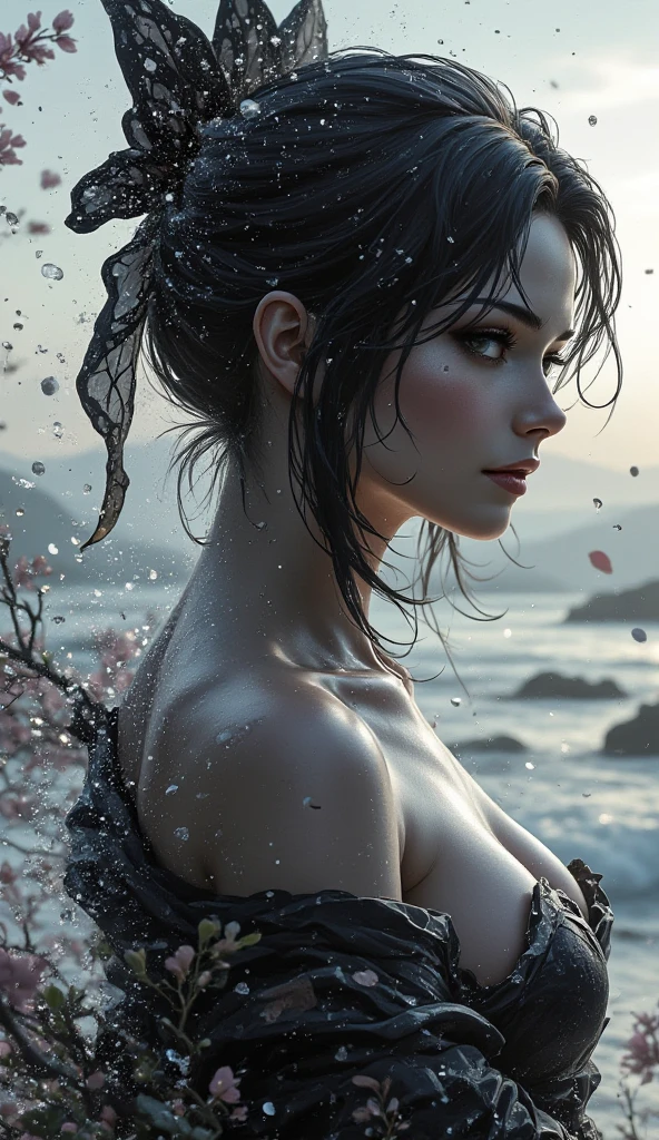 serene and unreal scene, face of a woman seen in profile coming out of the water, gray skin, eyes closed, sleeping, steam, dreamlike atmosphere